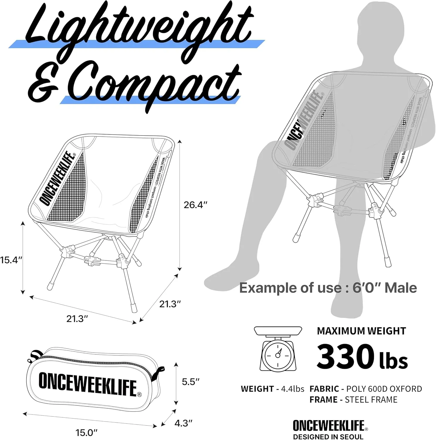 ONCEWEEKLIFE® Compact Camping Chair - Folding Chair, Foldable Lightweight Foldable Outdoor Chairs for Hiking Mountaineering Beach, and Backpacking 330 lbs Capacity (Brown)