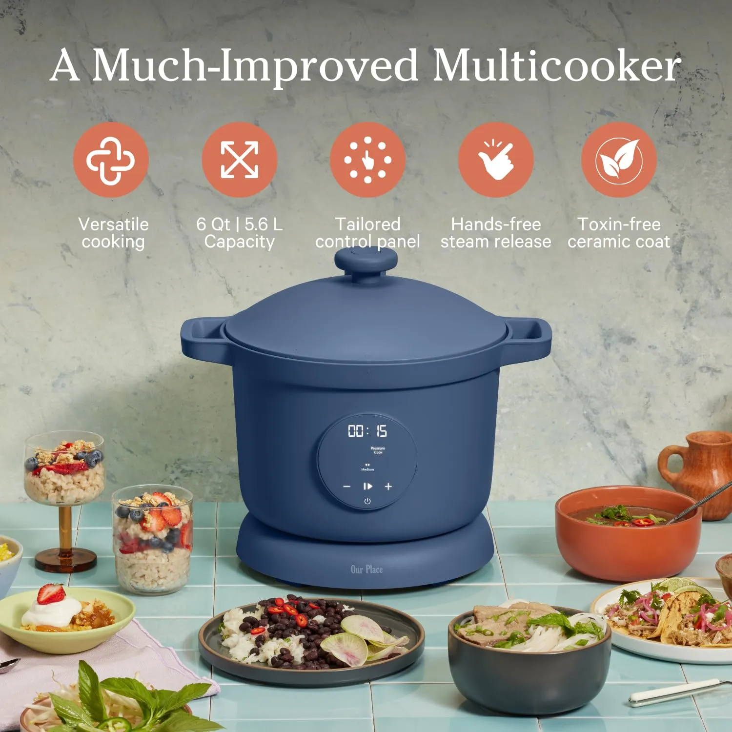 Our Place Dream Cooker | 6-quart Multicooker | 4 Versatile Modes | Pressure Cook, Slow Cook, Sear &amp; Saute, Keep Warm | Hands-Free Steam Release | Tailored Control Panel | Blue Salt