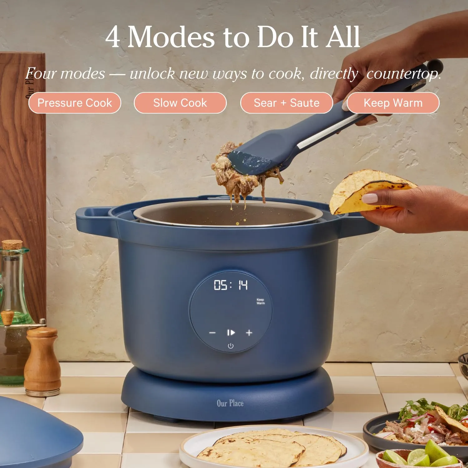 Our Place Dream Cooker | 6-quart Multicooker | 4 Versatile Modes | Pressure Cook, Slow Cook, Sear &amp; Saute, Keep Warm | Hands-Free Steam Release | Tailored Control Panel | Blue Salt