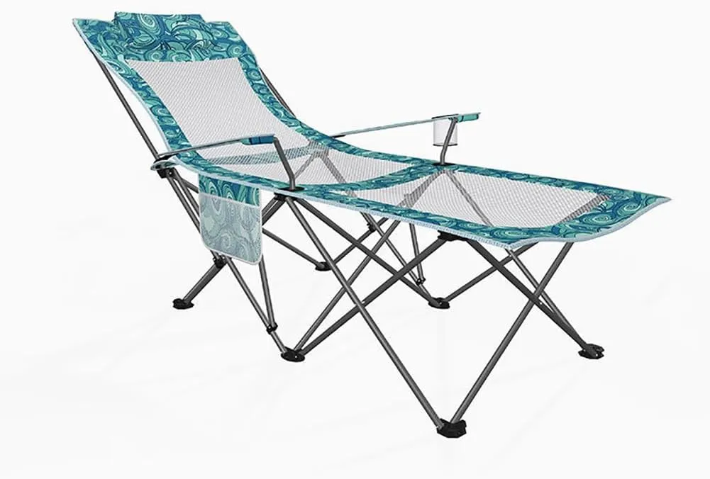 Outdoor Folding Deck Chair, Portable Camping and Fishing Leisure Chair, Beach Sunbathing and Tanning Recliner, Car Tailgate Hospital Escort Nap Folding Bed,Blue Green mesh