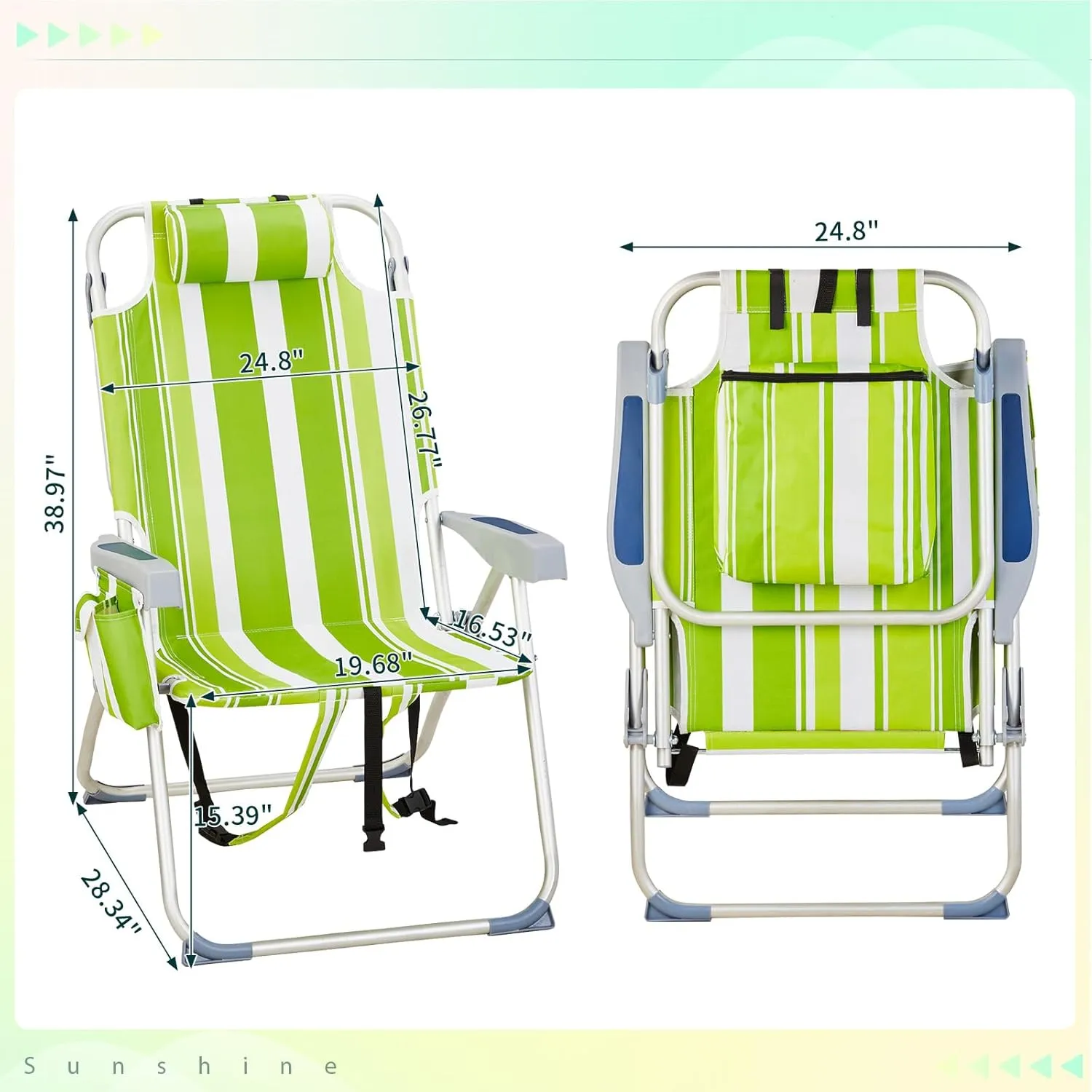 Outdoor High Beach Lawn Chair,Portable Lightweight Folding Chair for Adults,Folding Beach Chair,Portable Backpack Foldable Camping Chair,with Cup Holder,for Patio Pool Yard Garden (Green Stripes)