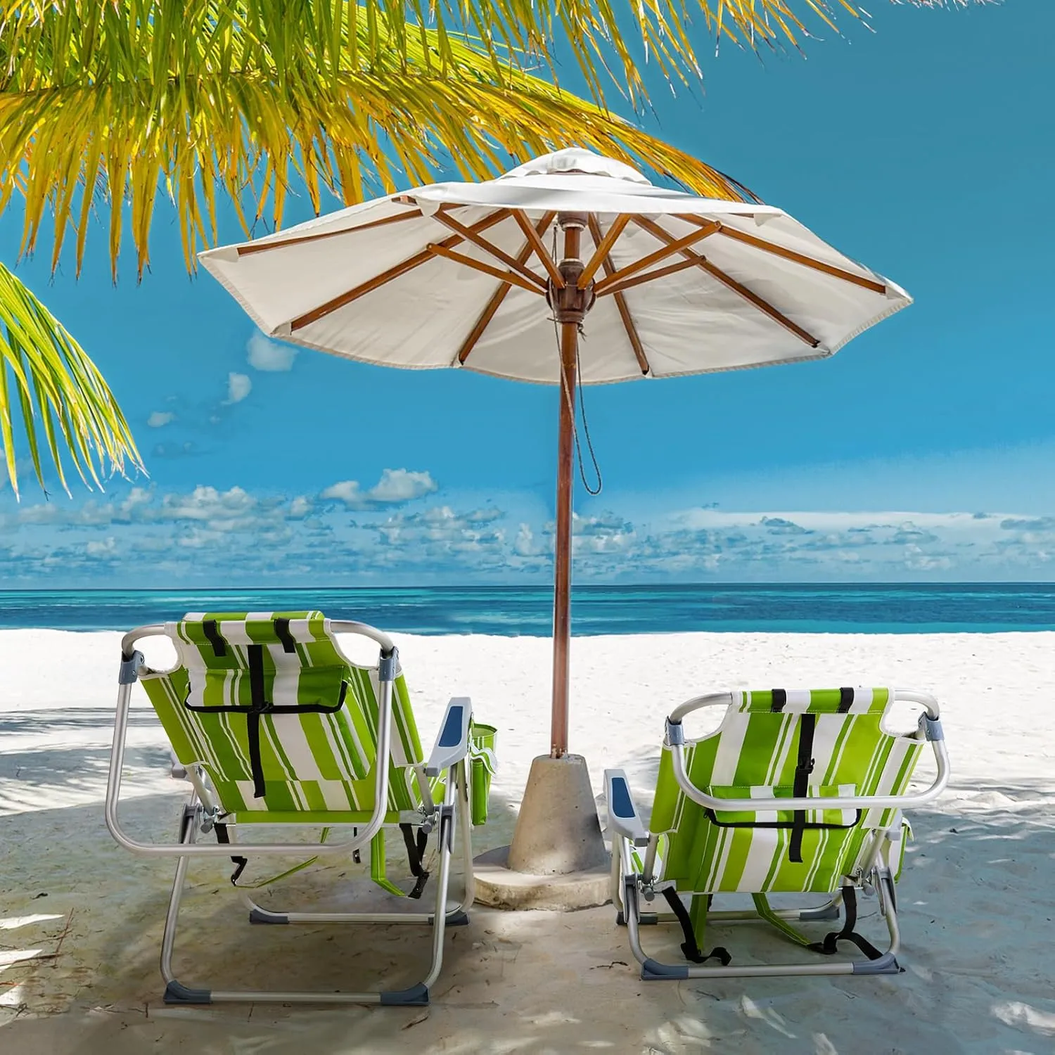 Outdoor High Beach Lawn Chair,Portable Lightweight Folding Chair for Adults,Folding Beach Chair,Portable Backpack Foldable Camping Chair,with Cup Holder,for Patio Pool Yard Garden (Green Stripes)