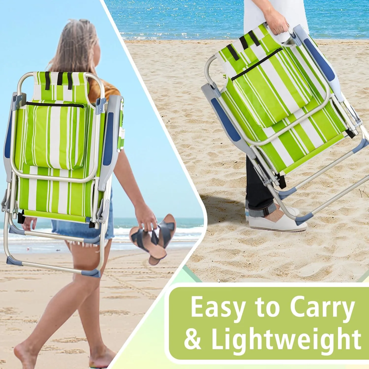 Outdoor High Beach Lawn Chair,Portable Lightweight Folding Chair for Adults,Folding Beach Chair,Portable Backpack Foldable Camping Chair,with Cup Holder,for Patio Pool Yard Garden (Green Stripes)