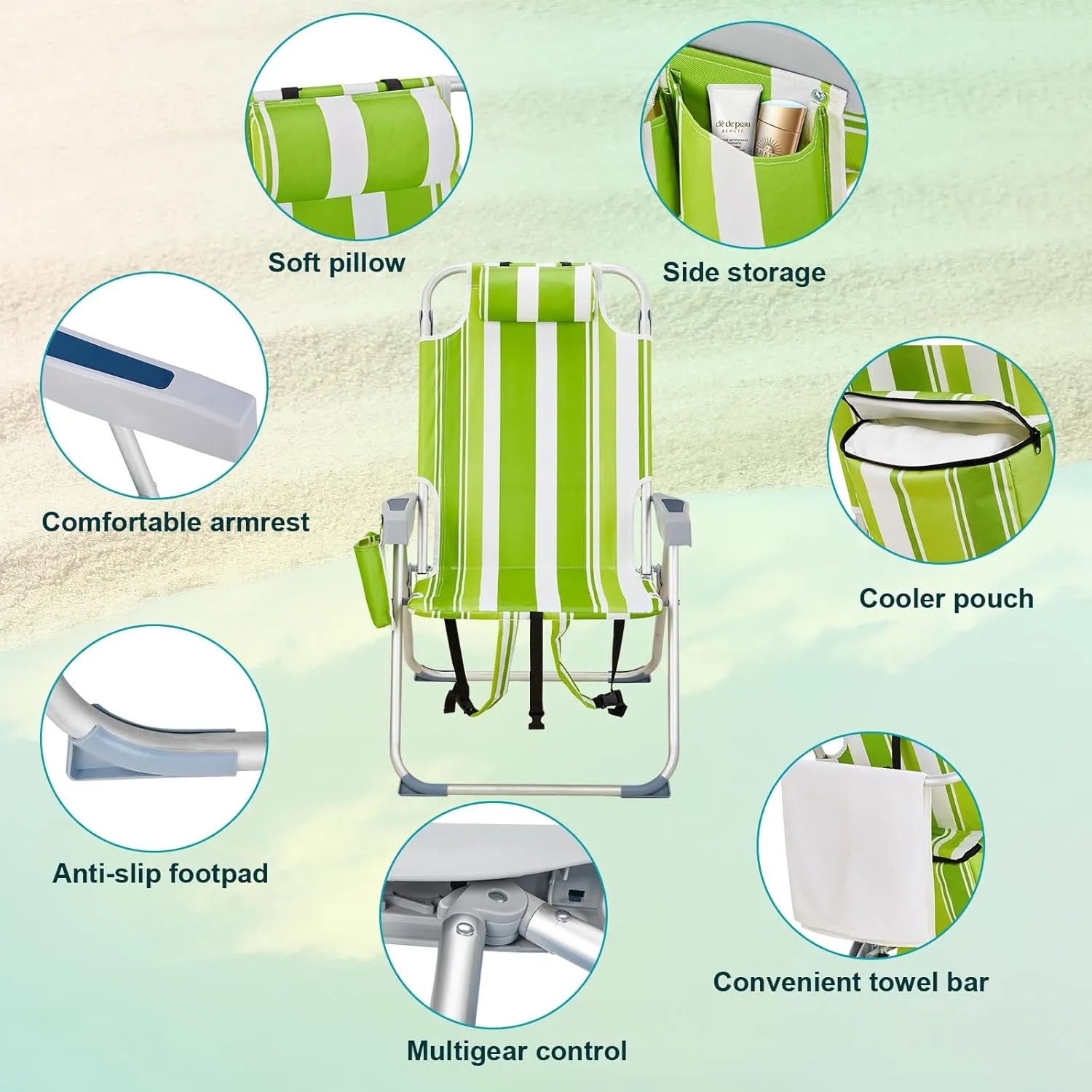 Outdoor High Beach Lawn Chair,Portable Lightweight Folding Chair for Adults,Folding Beach Chair,Portable Backpack Foldable Camping Chair,with Cup Holder,for Patio Pool Yard Garden (Green Stripes)
