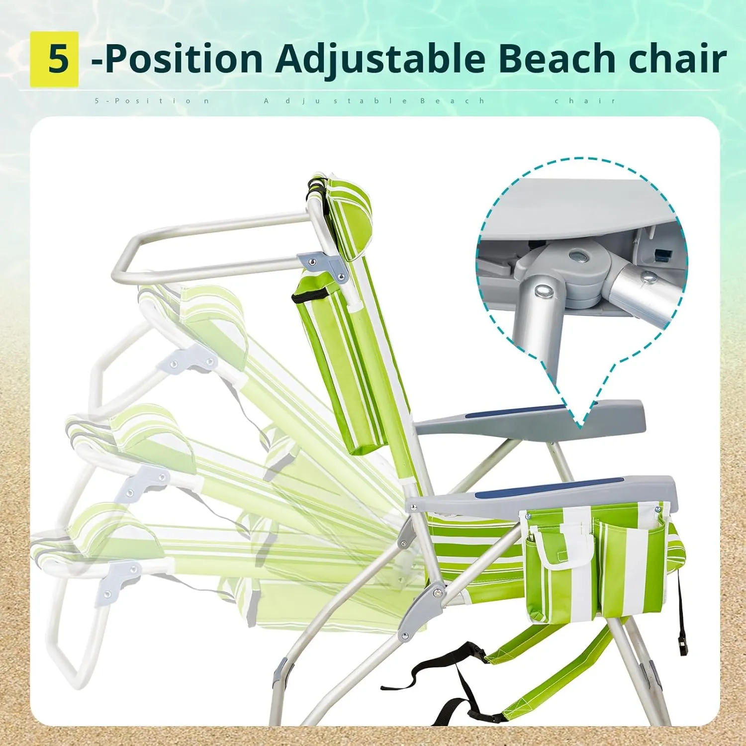 Outdoor High Beach Lawn Chair,Portable Lightweight Folding Chair for Adults,Folding Beach Chair,Portable Backpack Foldable Camping Chair,with Cup Holder,for Patio Pool Yard Garden (Green Stripes)