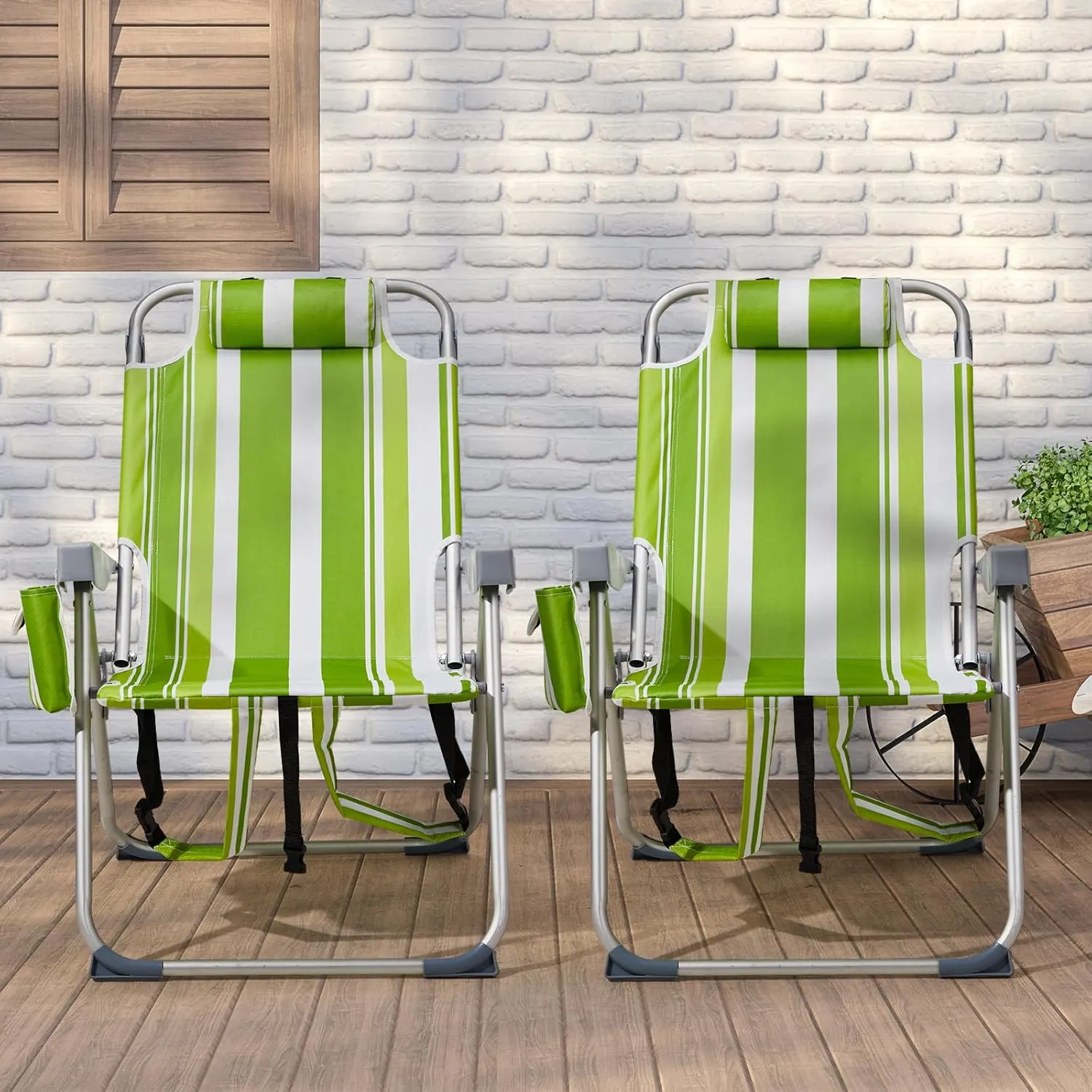 Outdoor High Beach Lawn Chair,Portable Lightweight Folding Chair for Adults,Folding Beach Chair,Portable Backpack Foldable Camping Chair,with Cup Holder,for Patio Pool Yard Garden (Green Stripes)
