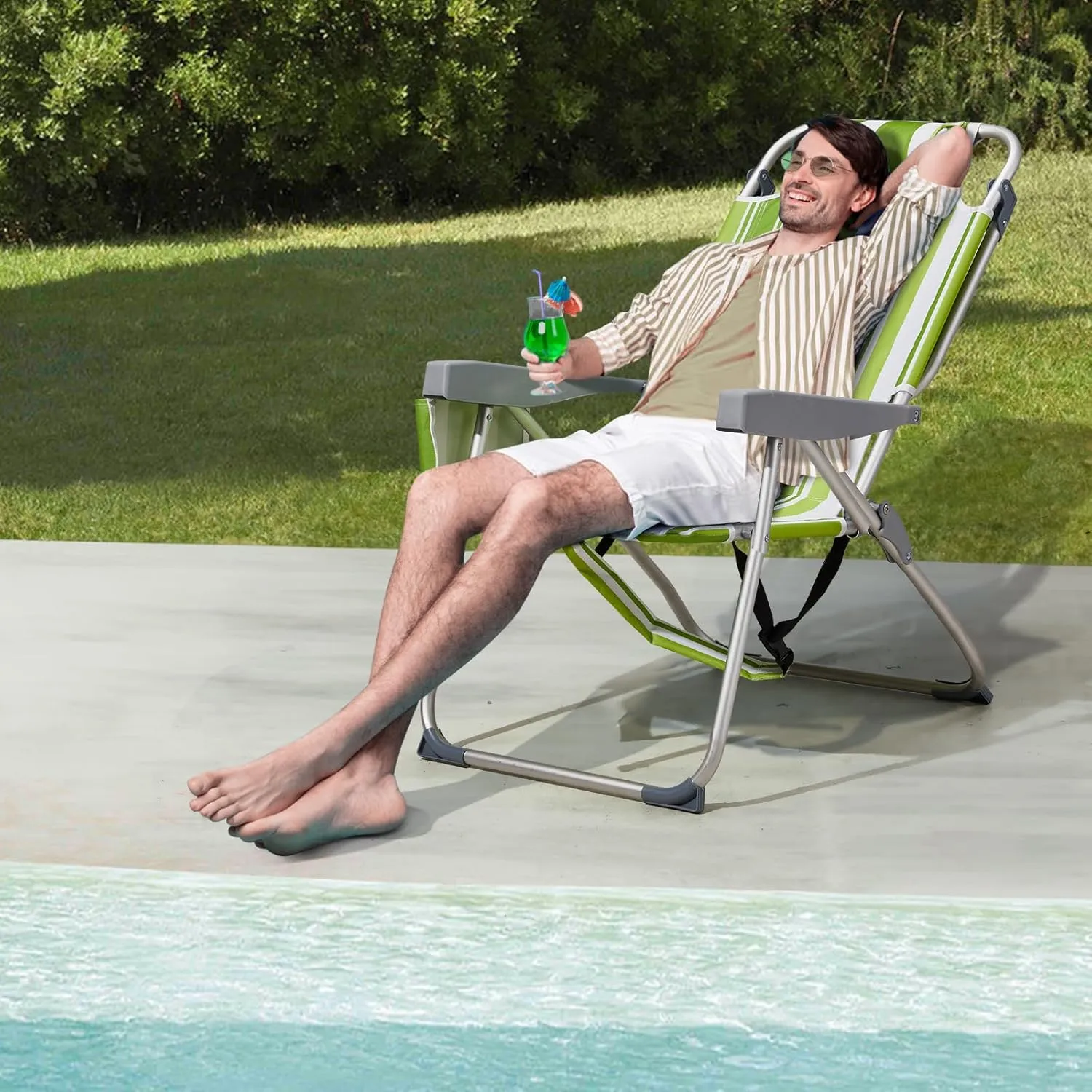 Outdoor High Beach Lawn Chair,Portable Lightweight Folding Chair for Adults,Folding Beach Chair,Portable Backpack Foldable Camping Chair,with Cup Holder,for Patio Pool Yard Garden (Green Stripes)
