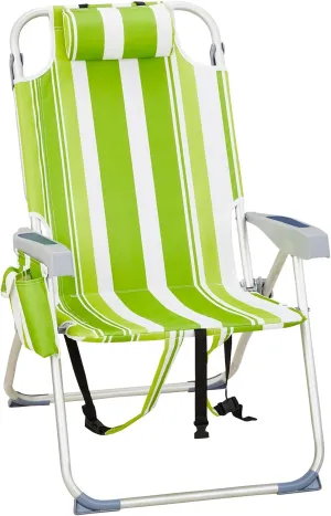 Outdoor High Beach Lawn Chair,Portable Lightweight Folding Chair for Adults,Folding Beach Chair,Portable Backpack Foldable Camping Chair,with Cup Holder,for Patio Pool Yard Garden (Green Stripes)