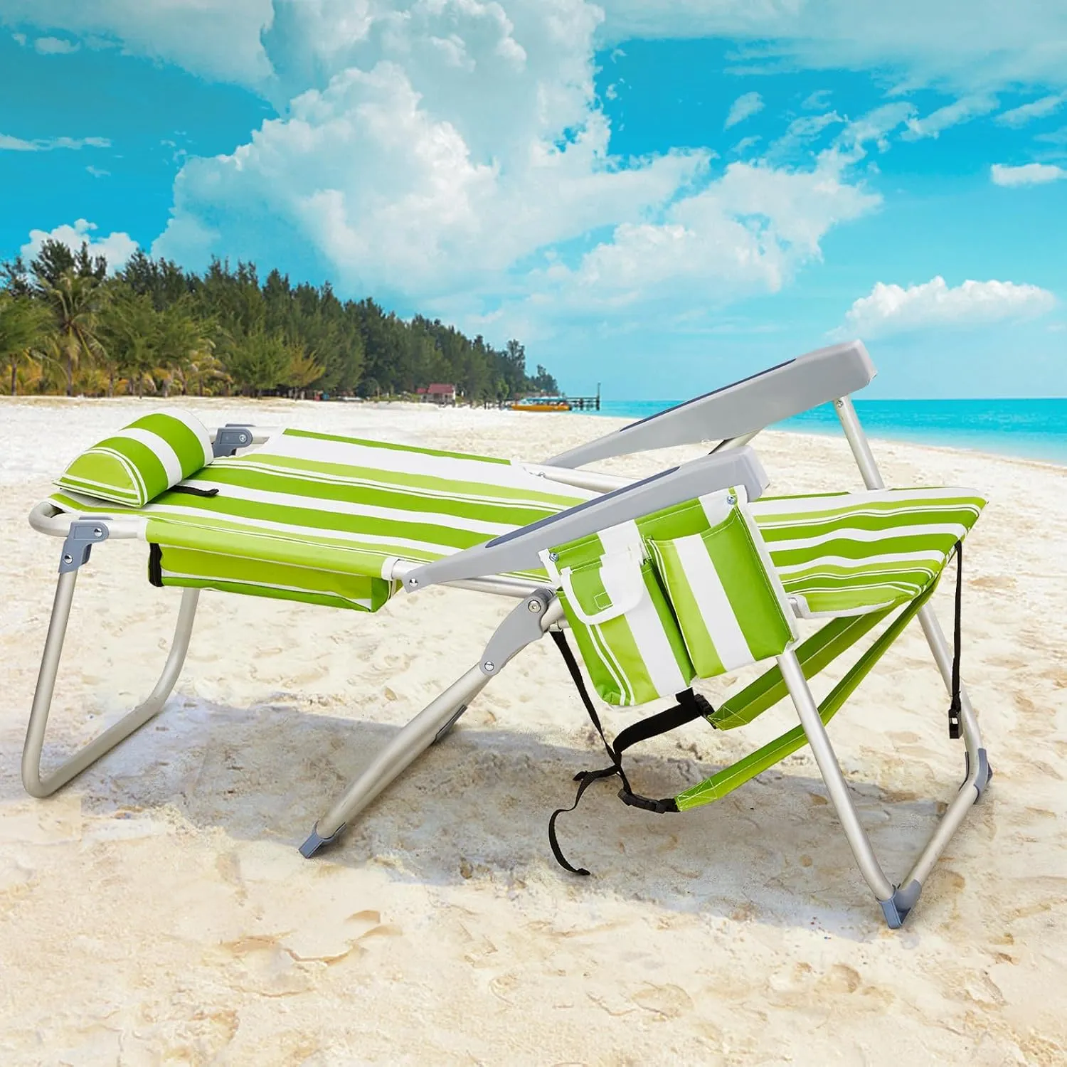 Outdoor High Beach Lawn Chair,Portable Lightweight Folding Chair for Adults,Folding Beach Chair,Portable Backpack Foldable Camping Chair,with Cup Holder,for Patio Pool Yard Garden (Green Stripes)
