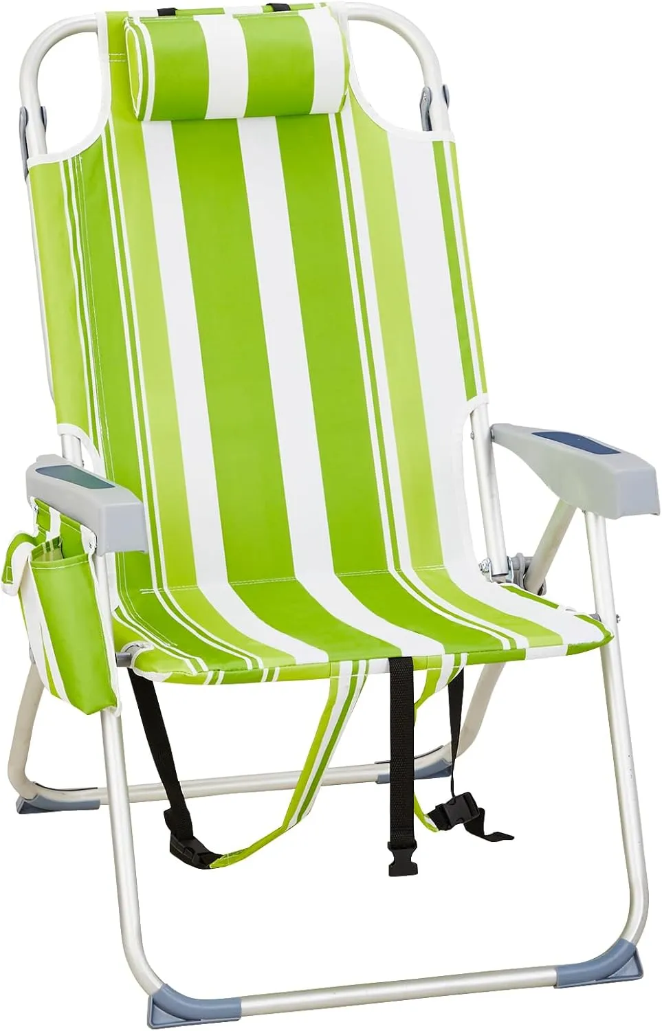 Outdoor High Beach Lawn Chair,Portable Lightweight Folding Chair for Adults,Folding Beach Chair,Portable Backpack Foldable Camping Chair,with Cup Holder,for Patio Pool Yard Garden (Green Stripes)