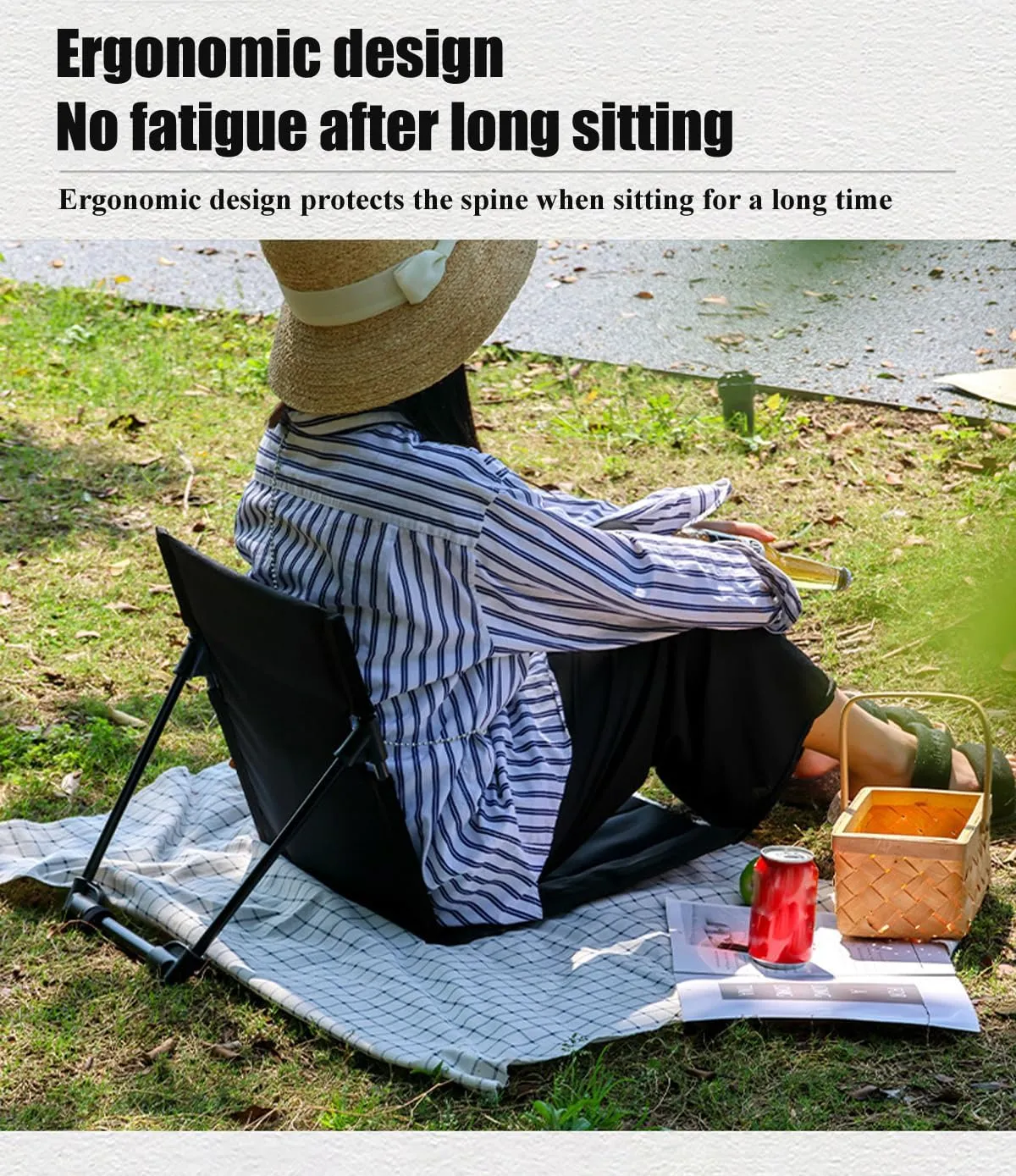 Outdoor Ultralight Camping Folding Chair, Portable Lightweight Cushioned Seat with Backrest, Lightweight and Comfortable Park Leisure Portable Floor Chair, Suitable for Fishing BBQ Hiking