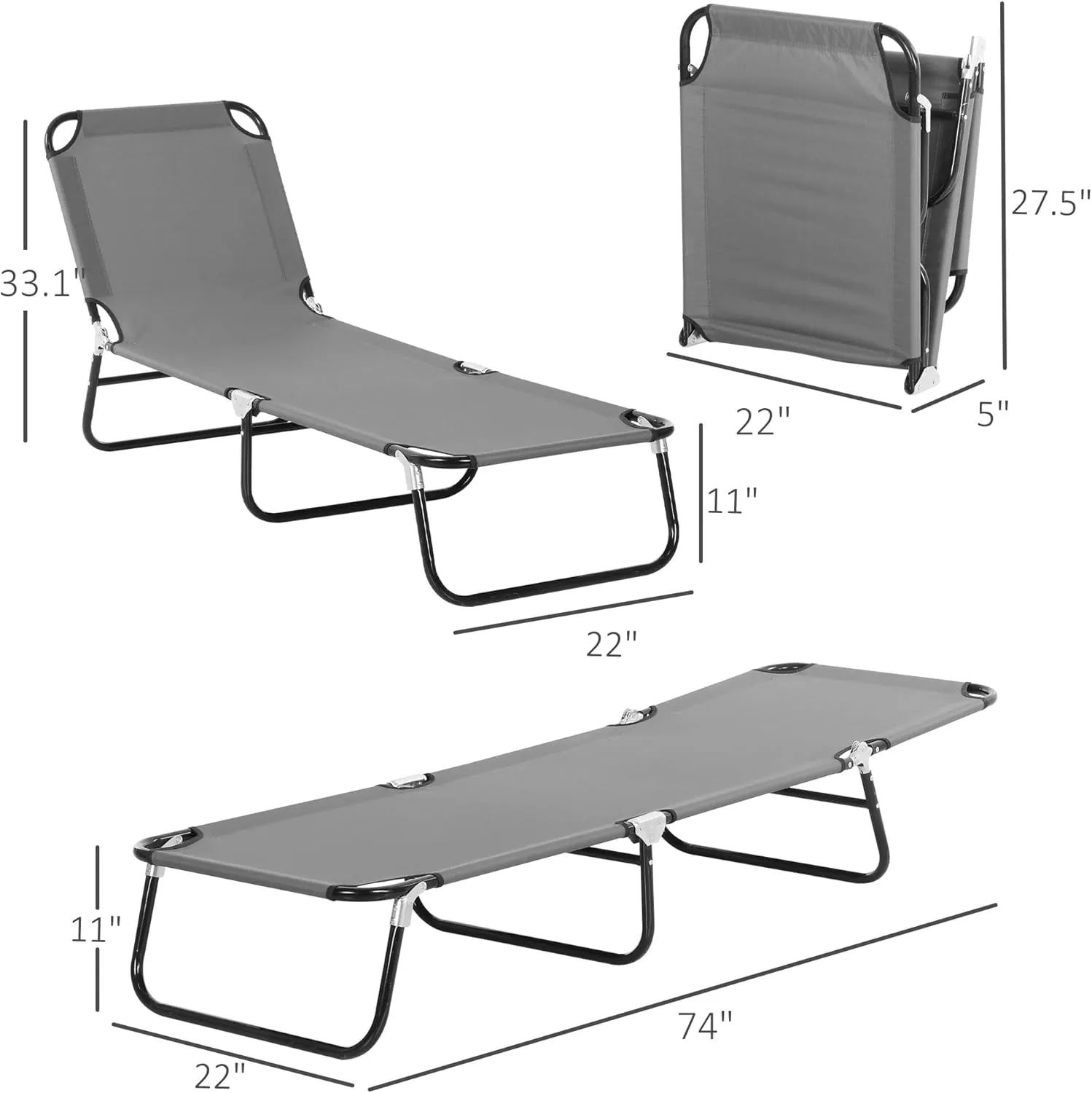 Outsunny 2 Piece Folding Chaise Lounge Pool Chairs, Outdoor Sun Tanning Chairs with 5-Level Reclining Back, Steel Frame for Beach, Yard, Patio, Dark Gray