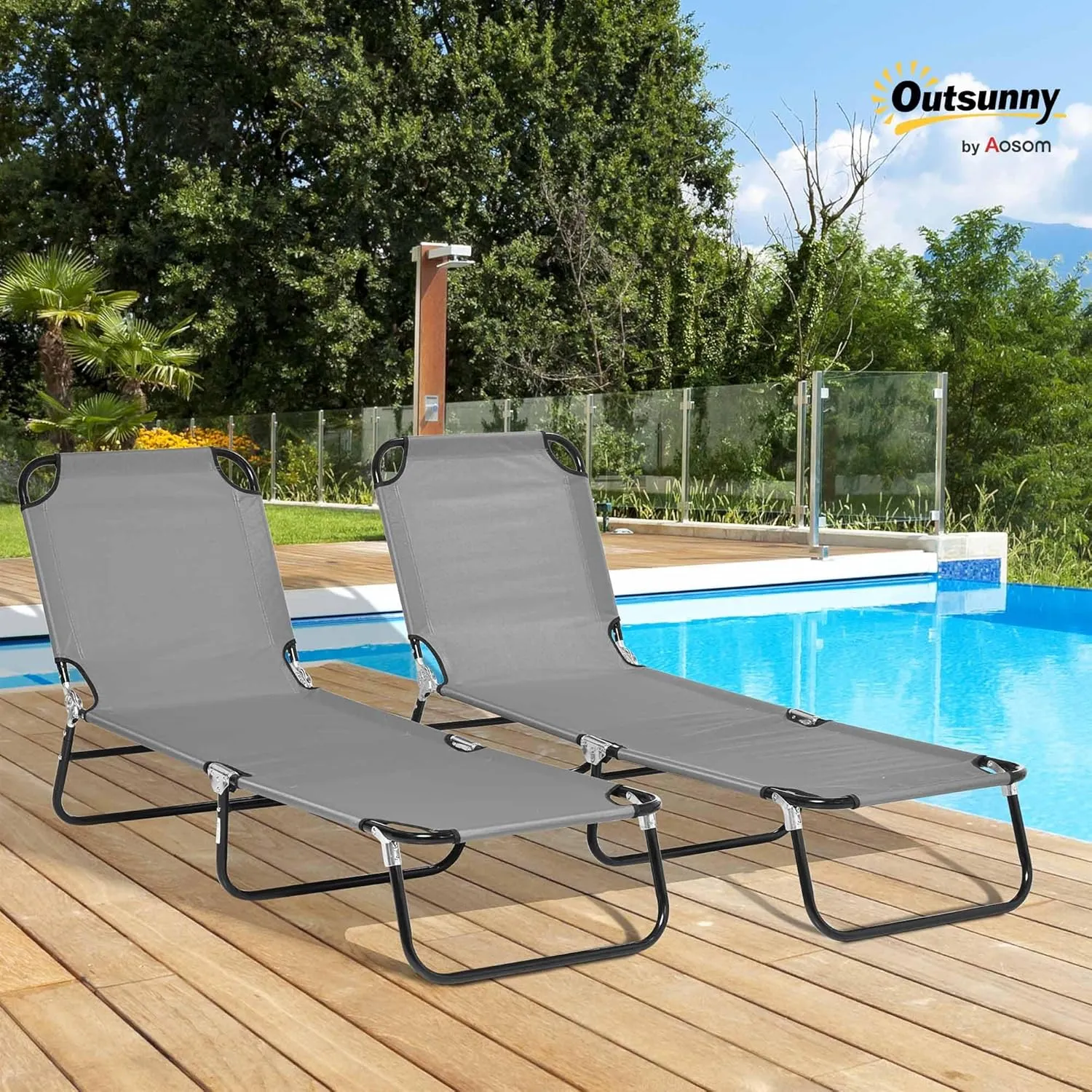 Outsunny 2 Piece Folding Chaise Lounge Pool Chairs, Outdoor Sun Tanning Chairs with 5-Level Reclining Back, Steel Frame for Beach, Yard, Patio, Dark Gray