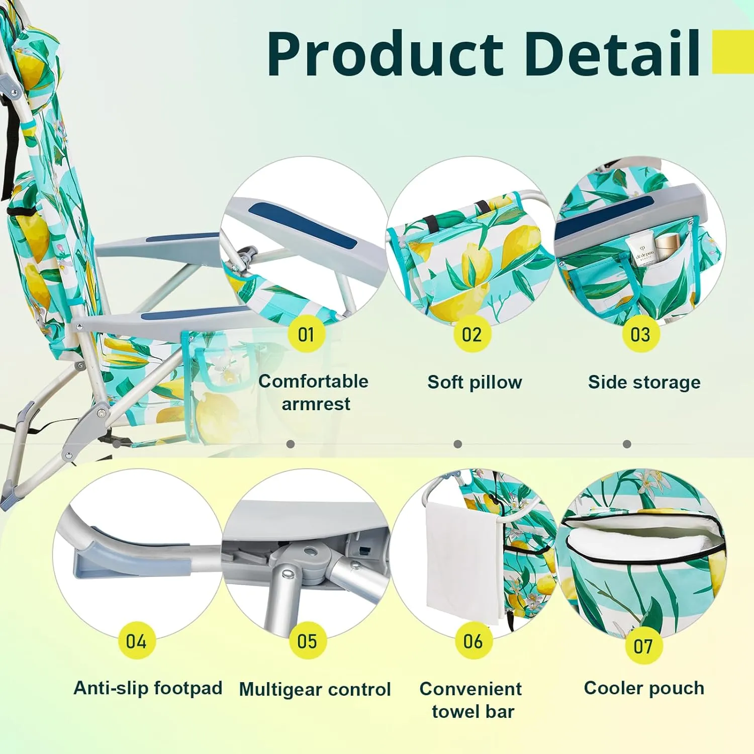 Outvita Backpack Beach Chair, 5 Level Adjustable Positions Beach Chair with Back Storage Bag, Cooler Pouch and Side Bags for Beach Poolside Lawn