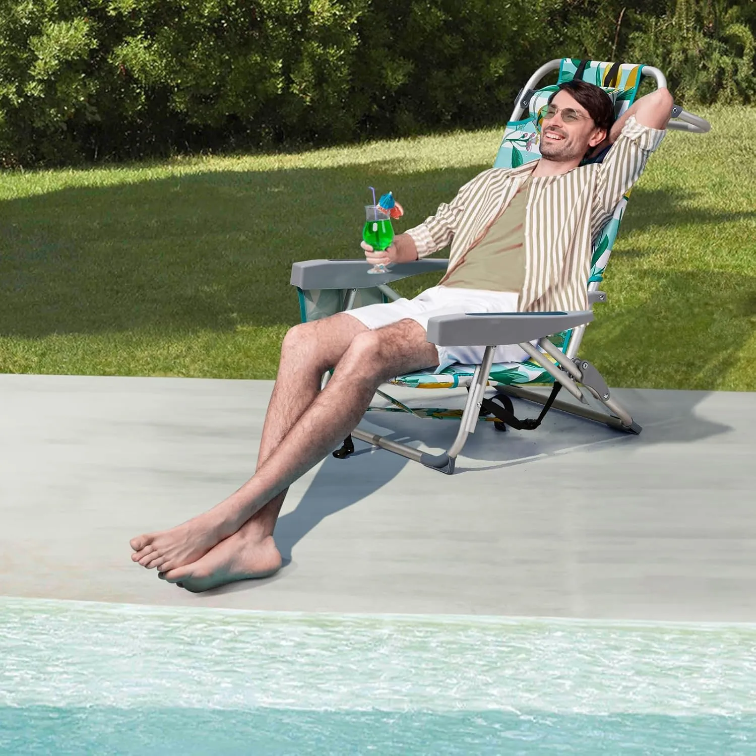 Outvita Backpack Beach Chair, 5 Level Adjustable Positions Beach Chair with Back Storage Bag, Cooler Pouch and Side Bags for Beach Poolside Lawn