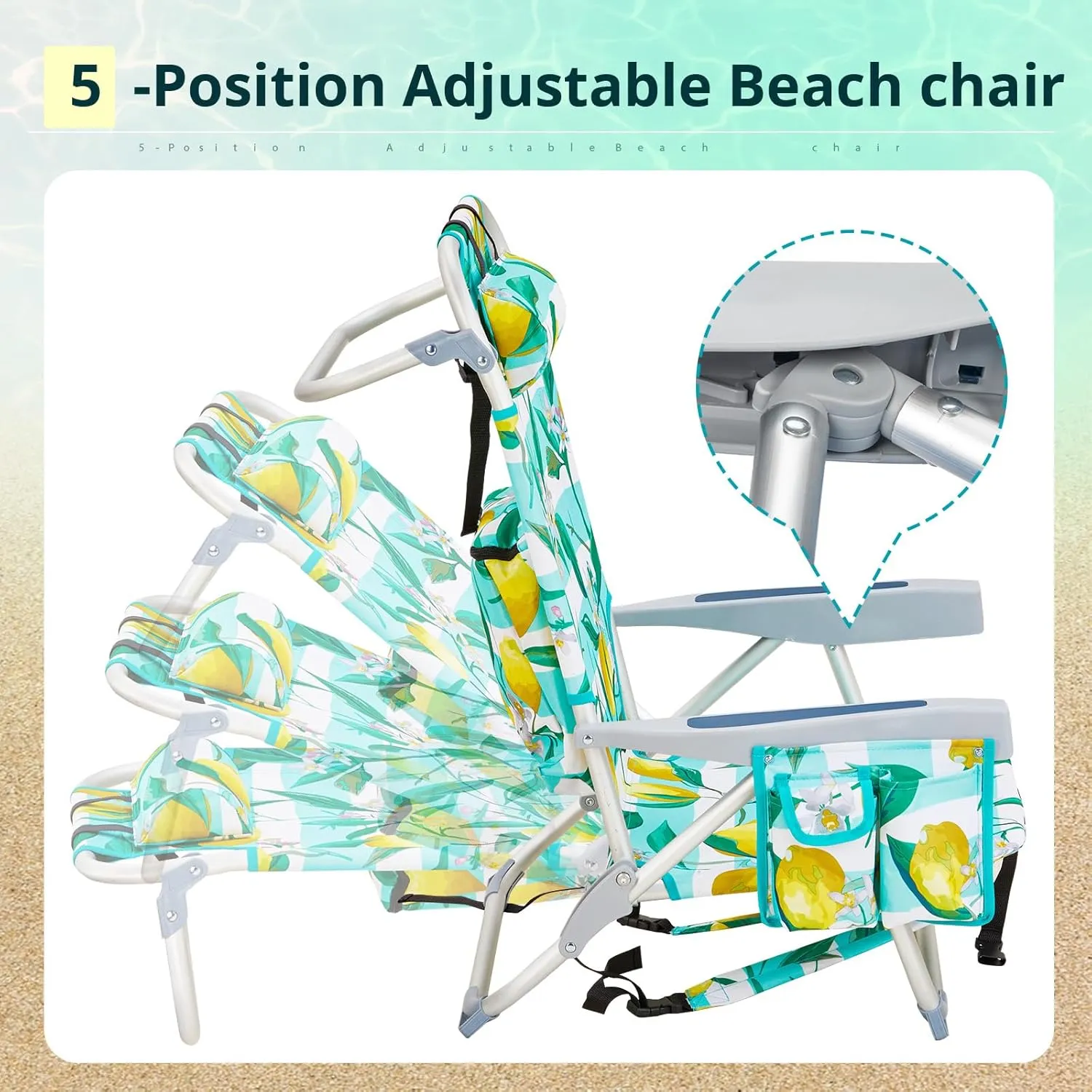 Outvita Backpack Beach Chair, 5 Level Adjustable Positions Beach Chair with Back Storage Bag, Cooler Pouch and Side Bags for Beach Poolside Lawn