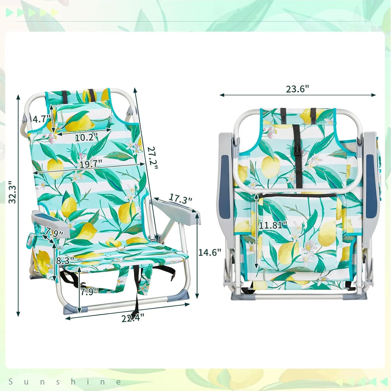 Outvita Backpack Beach Chair, 5 Level Adjustable Positions Beach Chair with Back Storage Bag, Cooler Pouch and Side Bags for Beach Poolside Lawn