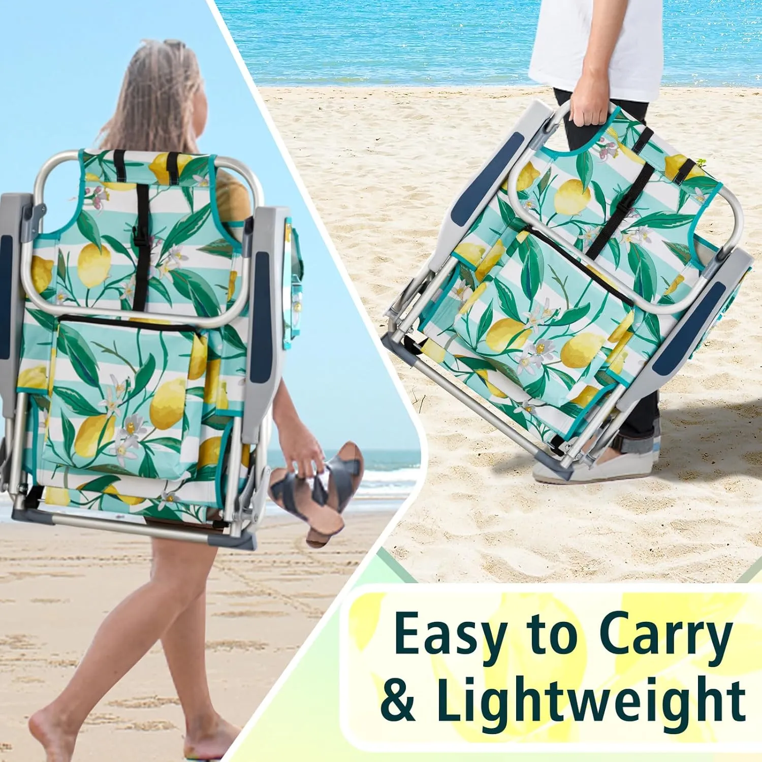 Outvita Backpack Beach Chair, 5 Level Adjustable Positions Beach Chair with Back Storage Bag, Cooler Pouch and Side Bags for Beach Poolside Lawn