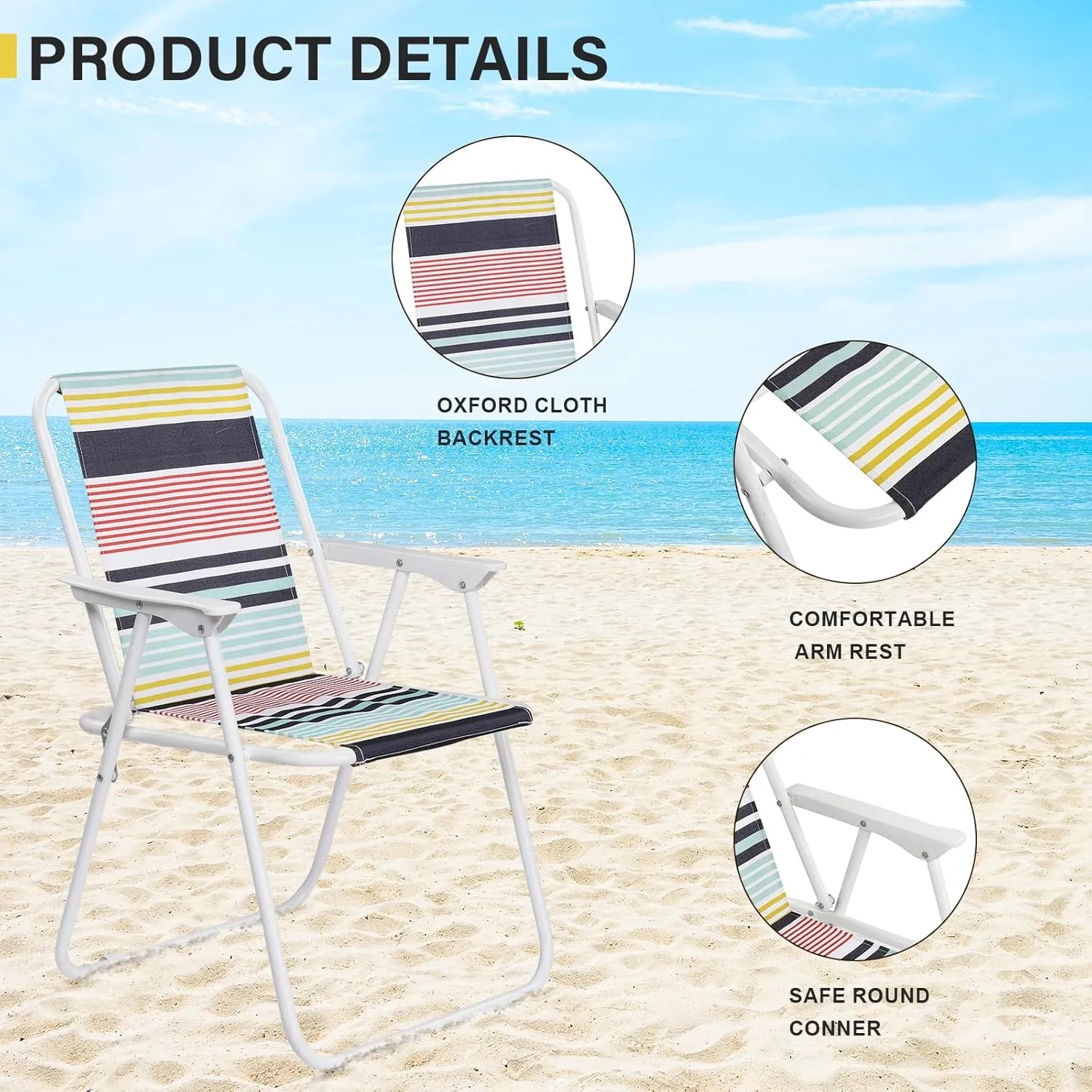 Outvita Lightweight Folding Beach Chair, Portable Arm Chair with High Strength Cleanable Fabric for Sand Camping Lawn Concert Travel Festival Blue,Heavy Duty Supports 220lbs