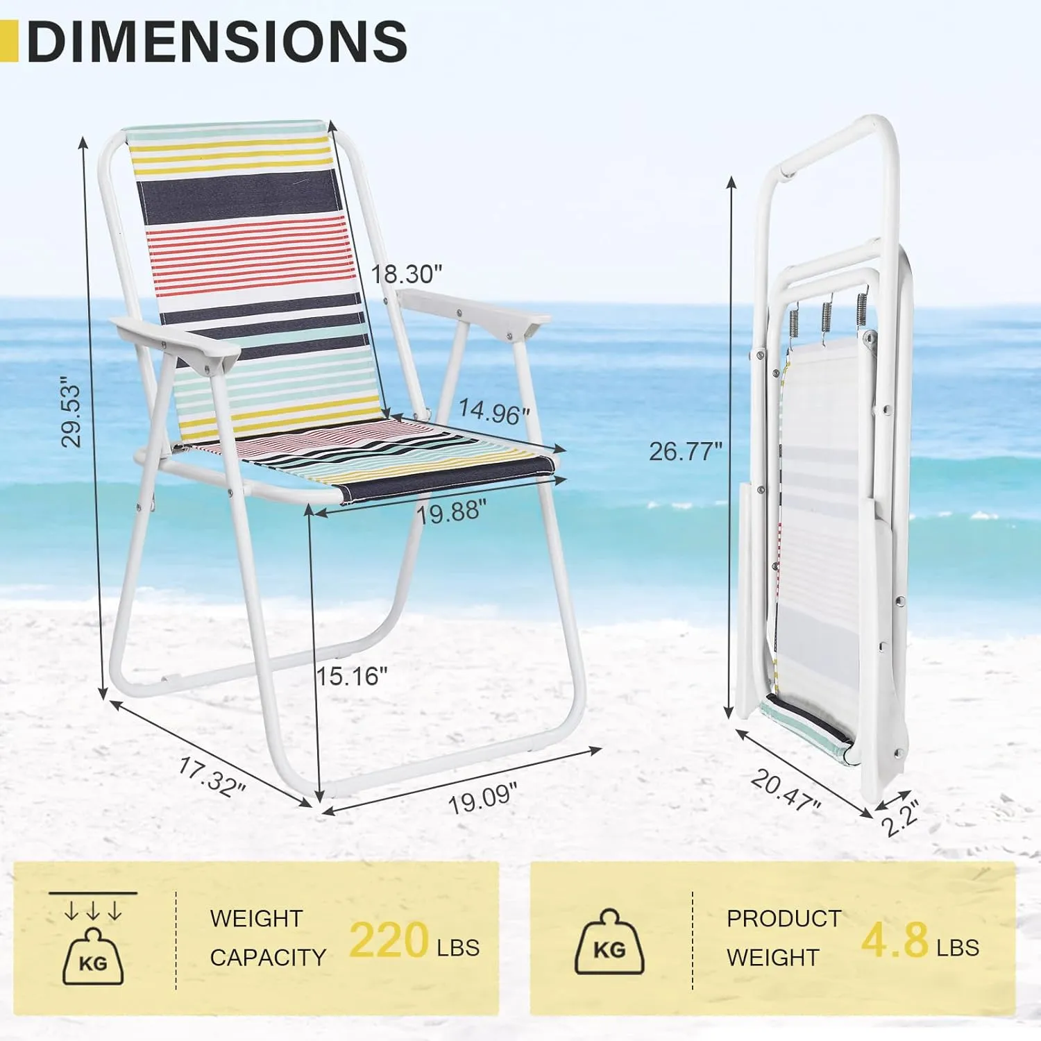 Outvita Lightweight Folding Beach Chair, Portable Arm Chair with High Strength Cleanable Fabric for Sand Camping Lawn Concert Travel Festival Blue,Heavy Duty Supports 220lbs