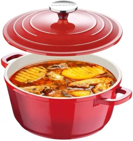 OVENTE Dutch Oven Pot with Lid, 4.6 Quart Aluminum Non-Stick Coated Cookware for Sourdough Bread Baking, Braising, Cooking Soups and More, Oven and Dishwasher Safe, Works on All Stovetops, Red DOA546R