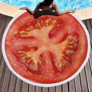 Oversize Fruit Round Beach Towel with Tassel Multi-Purpose Yoga Mat Kids Crawl Pads Towel Blanket Microfiber Circle Large Towel for Adults Teens - 59" (Tomato)