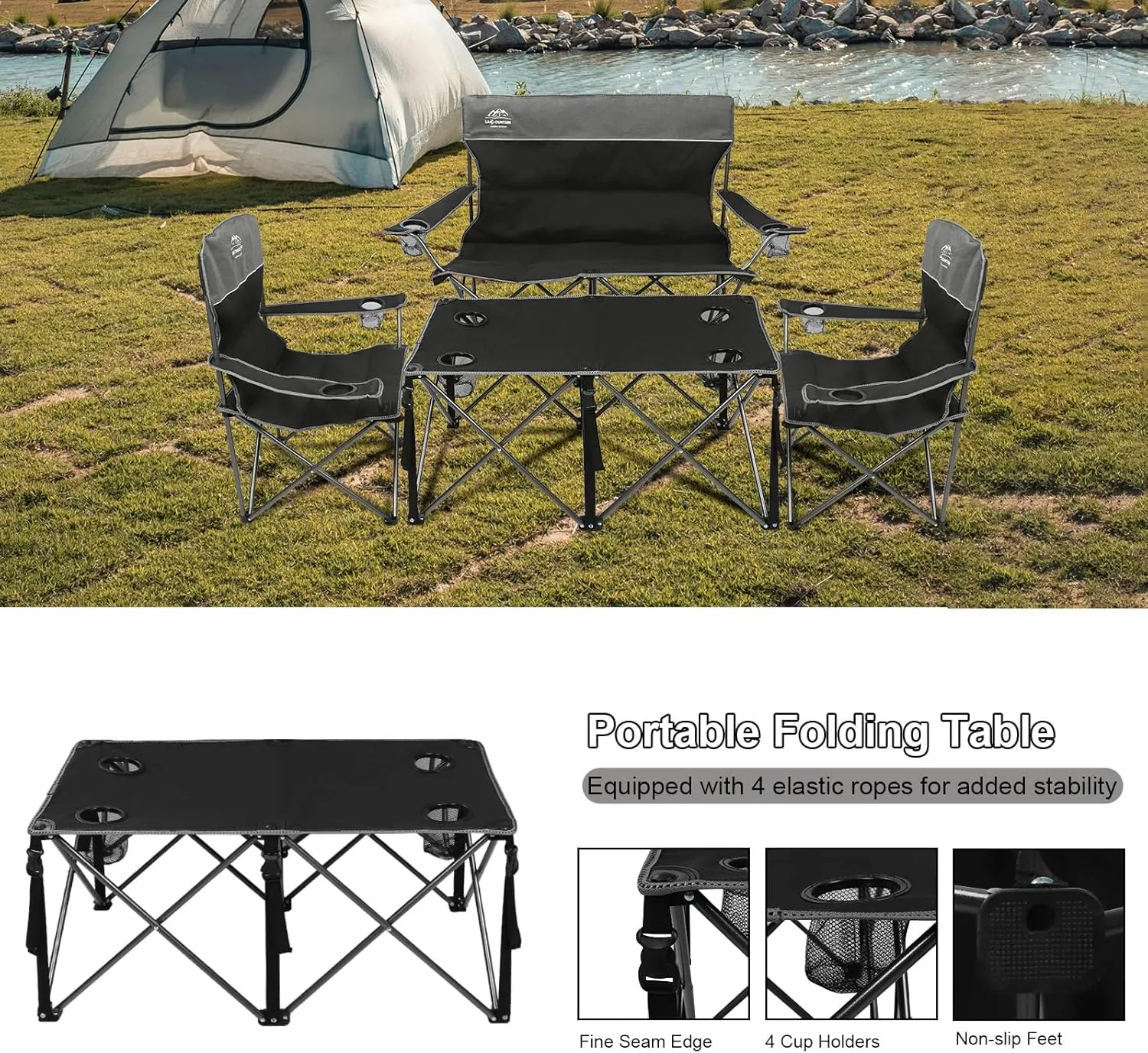 Oversized 4 Pcs Camping Chair Set with Table,Outdoor Folding Heavy Duty Lawn Chair,Cup Holder,Portable,Loveseat Chair Perfect for Family Hiking,Picnics and Beach Trips,Black