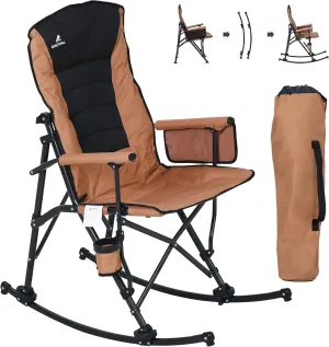 Oversized Folding Rocking Camping Chair for Adults, Adjustable Padded Backrest Rocker Chair with Hard Armrests, Portable Outdoor Chairs for Patio, Lawn and Garden(Supports 350lbs), Brown