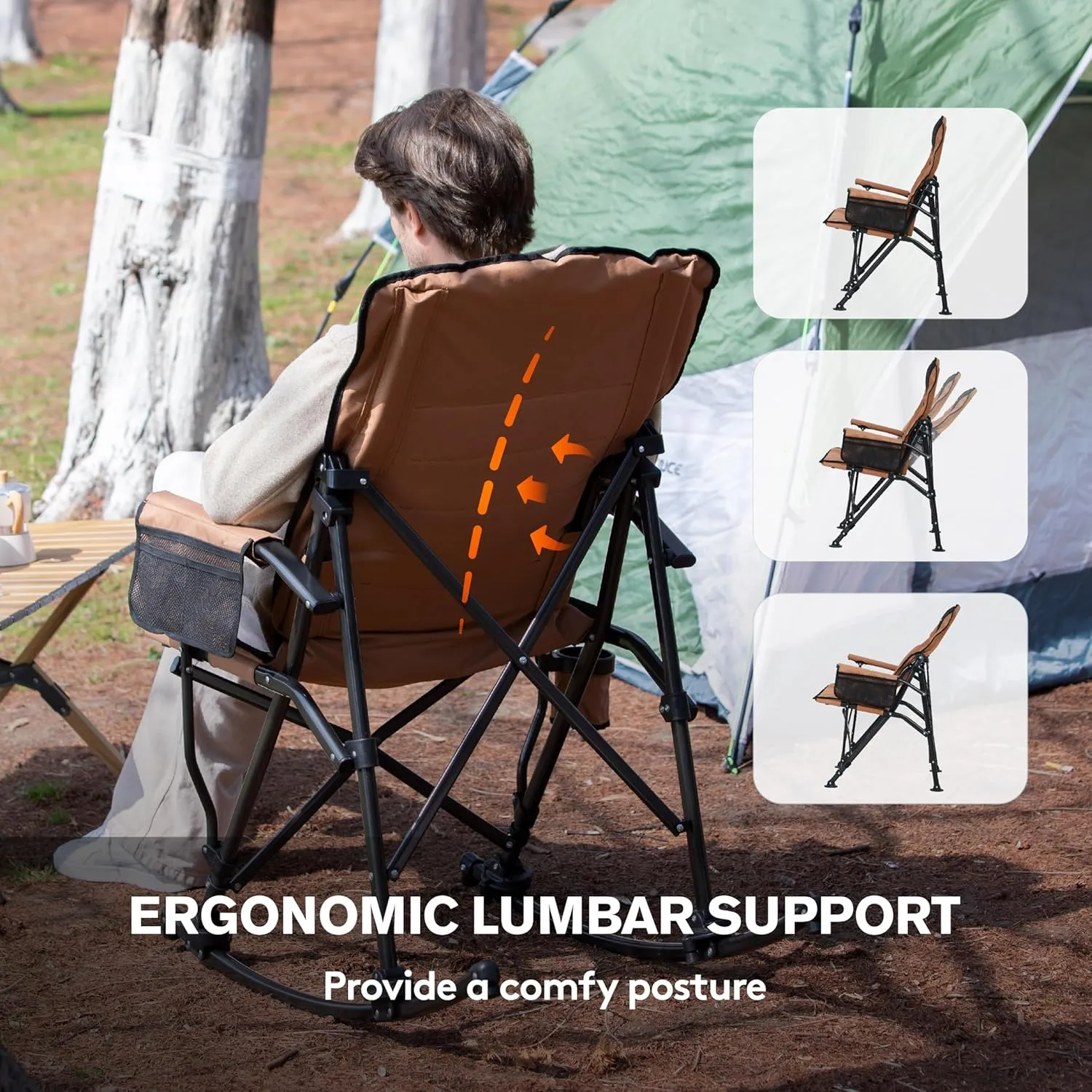Oversized Folding Rocking Camping Chair for Adults, Adjustable Padded Backrest Rocker Chair with Hard Armrests, Portable Outdoor Chairs for Patio, Lawn and Garden(Supports 350lbs), Brown