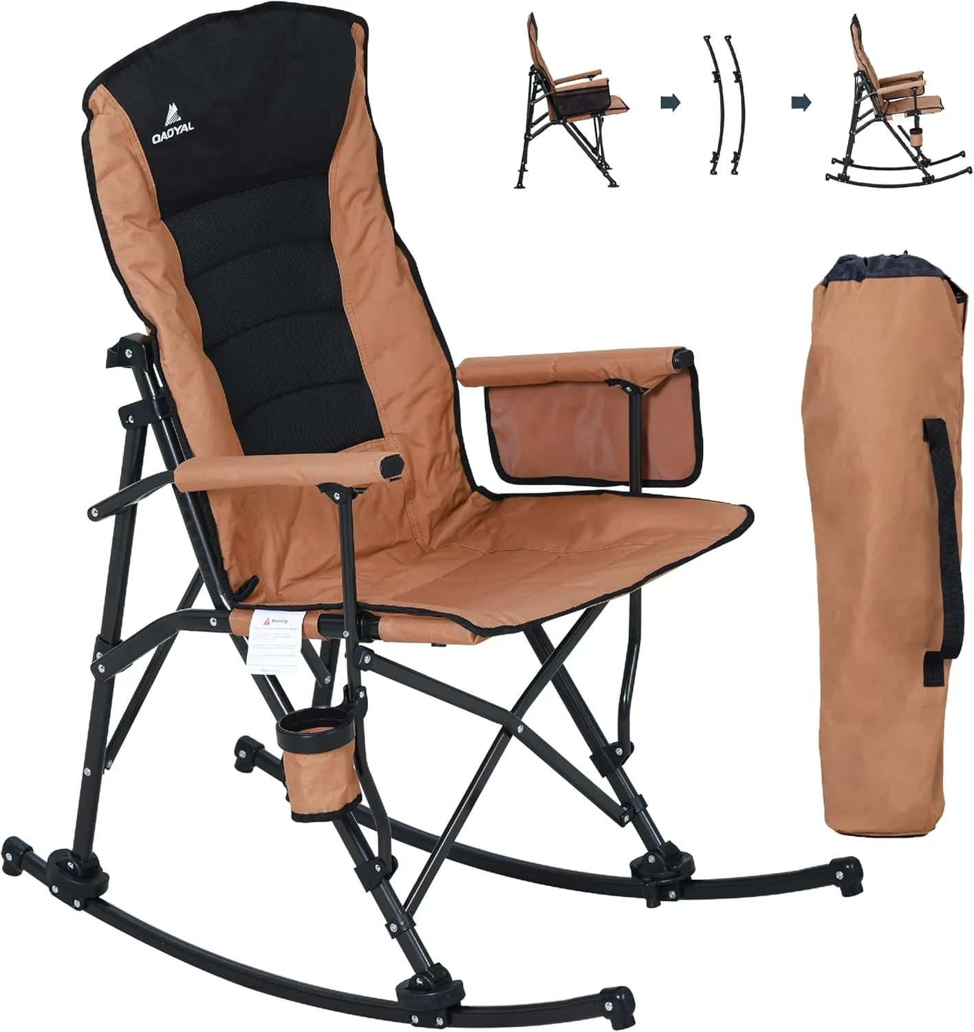 Oversized Folding Rocking Camping Chair for Adults, Adjustable Padded Backrest Rocker Chair with Hard Armrests, Portable Outdoor Chairs for Patio, Lawn and Garden(Supports 350lbs), Brown
