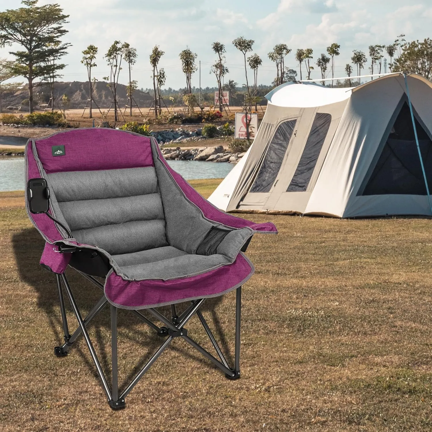 Oversized XL Padded Camping Chair w/Cell Phone Holder, Large Camp Lounge Chair, Foldable Lawn Chair w/Cup Holder,Carry Bag for Outdoor Hiking, Beach, Picnics, Heavy-Duty 400-lbs Capacity