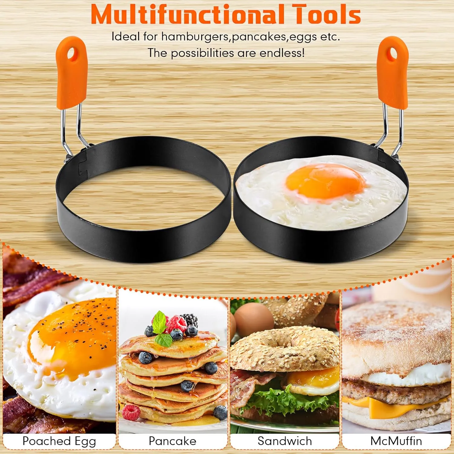 Patelai 6 Pcs Professional Egg Ring Pancake Ring Set Stainless Steel Fried Egg Molds Griddle Pancake Shapers with Orange Silicone Handle for Breakfast Omelette Sandwich(4 Inch)