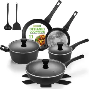 PekGema Pots and Pans Set Non Stick 11-Piece, Ceramic Cookware Sets, Induction Cookware, Kitchen Cooking Set with Utensils PFOA PTFE Free, Black