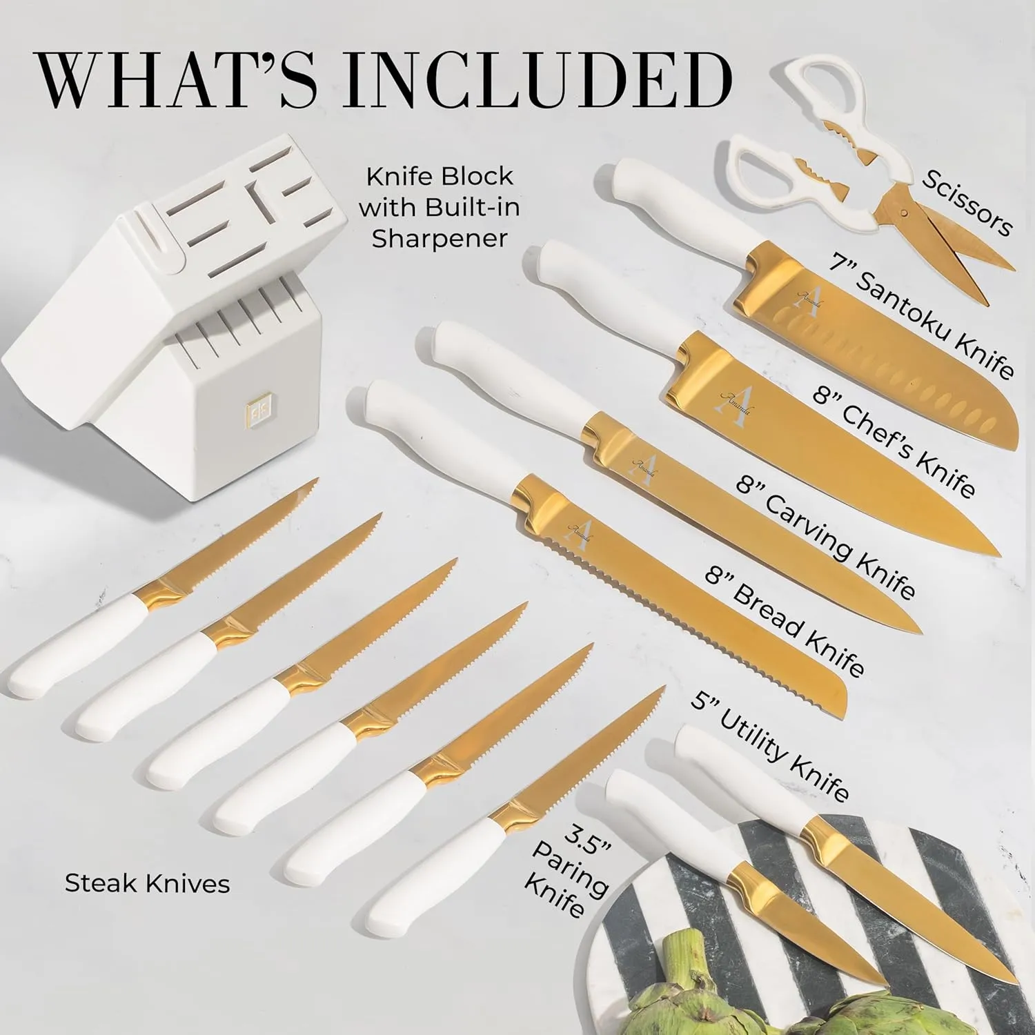 Personalized Gold Knife Set with Self-Sharpening Block – Make It Uniquely Yours with Custom Engraving on Luxurious White and Gold Knives – Personalized Gift for Weddings, Birthdays, Anniversaries