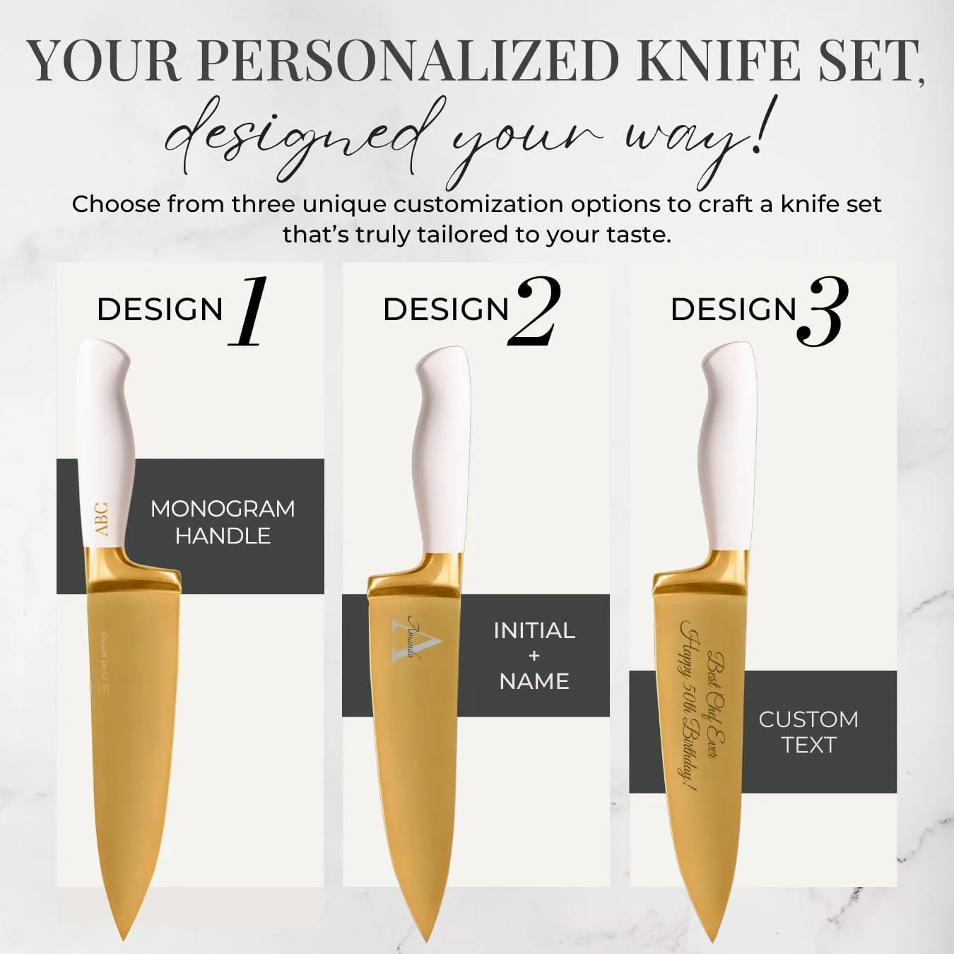 Personalized Gold Knife Set with Self-Sharpening Block – Make It Uniquely Yours with Custom Engraving on Luxurious White and Gold Knives – Personalized Gift for Weddings, Birthdays, Anniversaries