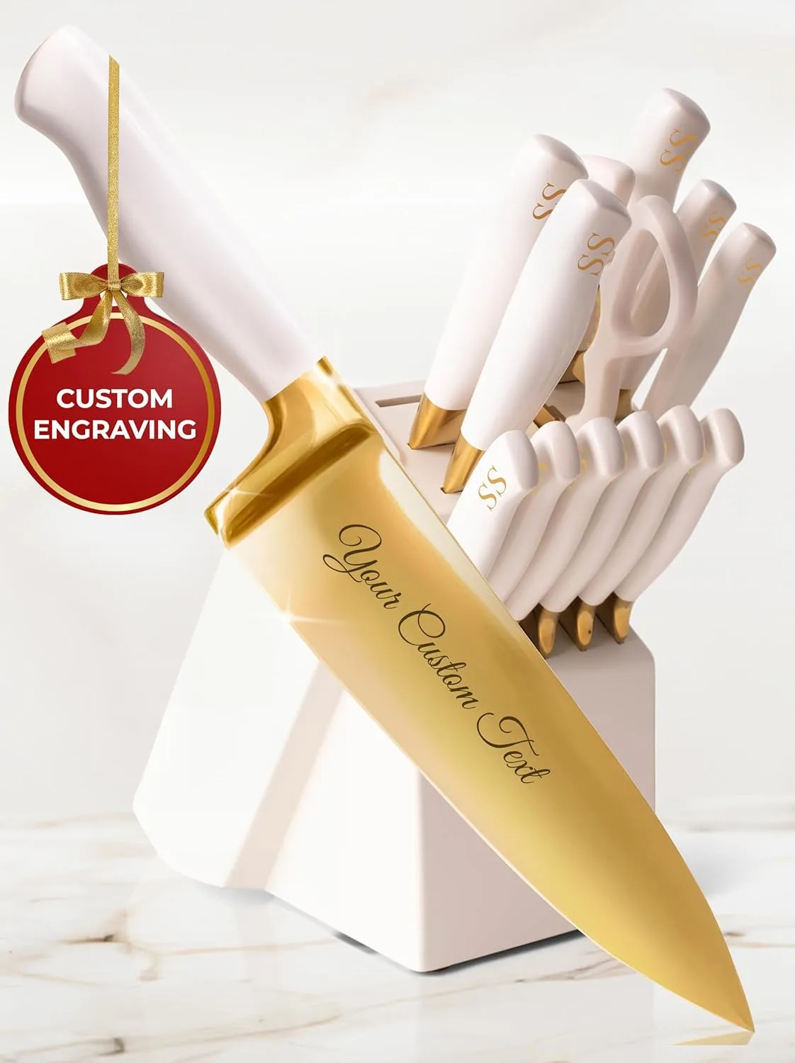 Personalized Gold Knife Set with Self-Sharpening Block – Make It Uniquely Yours with Custom Engraving on Luxurious White and Gold Knives – Personalized Gift for Weddings, Birthdays, Anniversaries