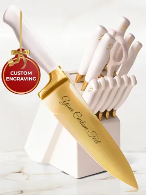 Personalized Gold Knife Set with Self-Sharpening Block – Make It Uniquely Yours with Custom Engraving on Luxurious White and Gold Knives – Personalized Gift for Weddings, Birthdays, Anniversaries