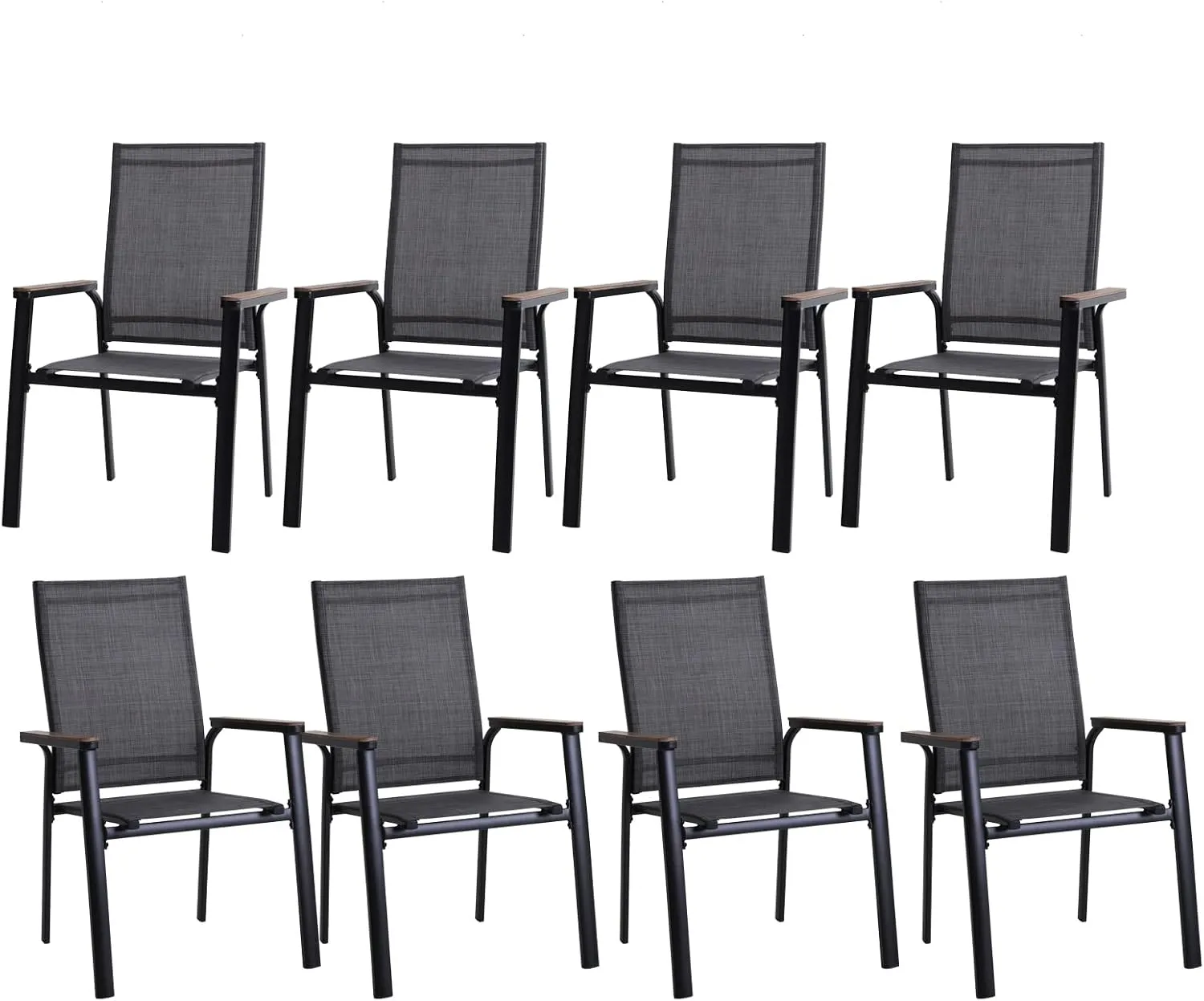 PHI VILLA Outdoor Stackable Aluminum Chairs, Lightweight Frame with Extra Wide Seat & Armrest, Sling Fabric Stackable Space Saving for All Weather, Set of 8
