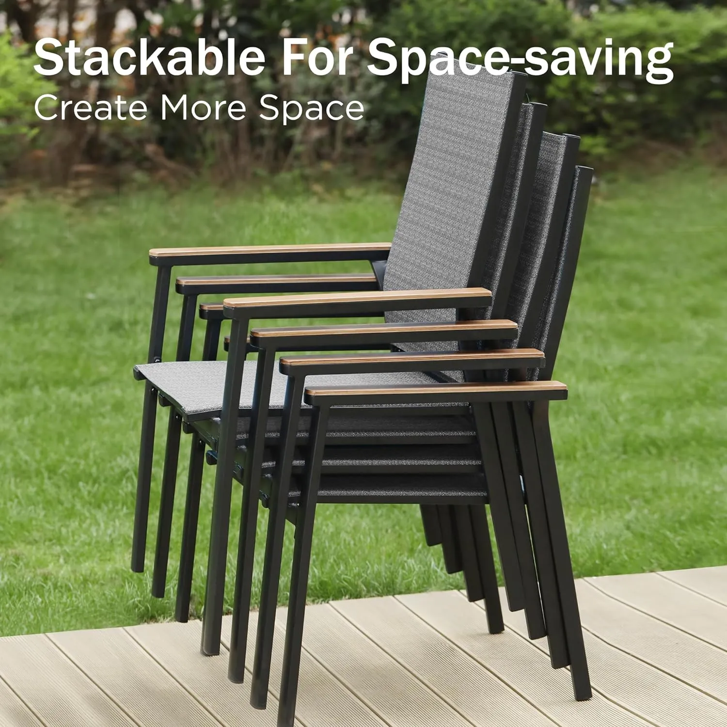PHI VILLA Outdoor Stackable Aluminum Chairs, Lightweight Frame with Extra Wide Seat & Armrest, Sling Fabric Stackable Space Saving for All Weather, Set of 8