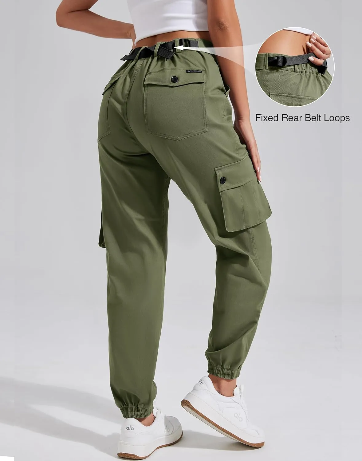 Pioneer Camp Women's Stretchy Cargo Pants with Pockets High-Rise Casual Hiking Cotton Joggers Adjustable Waistband with Belt