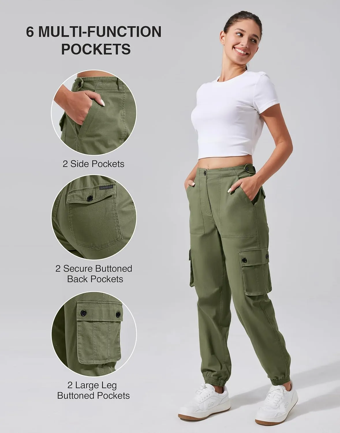 Pioneer Camp Women's Stretchy Cargo Pants with Pockets High-Rise Casual Hiking Cotton Joggers Adjustable Waistband with Belt