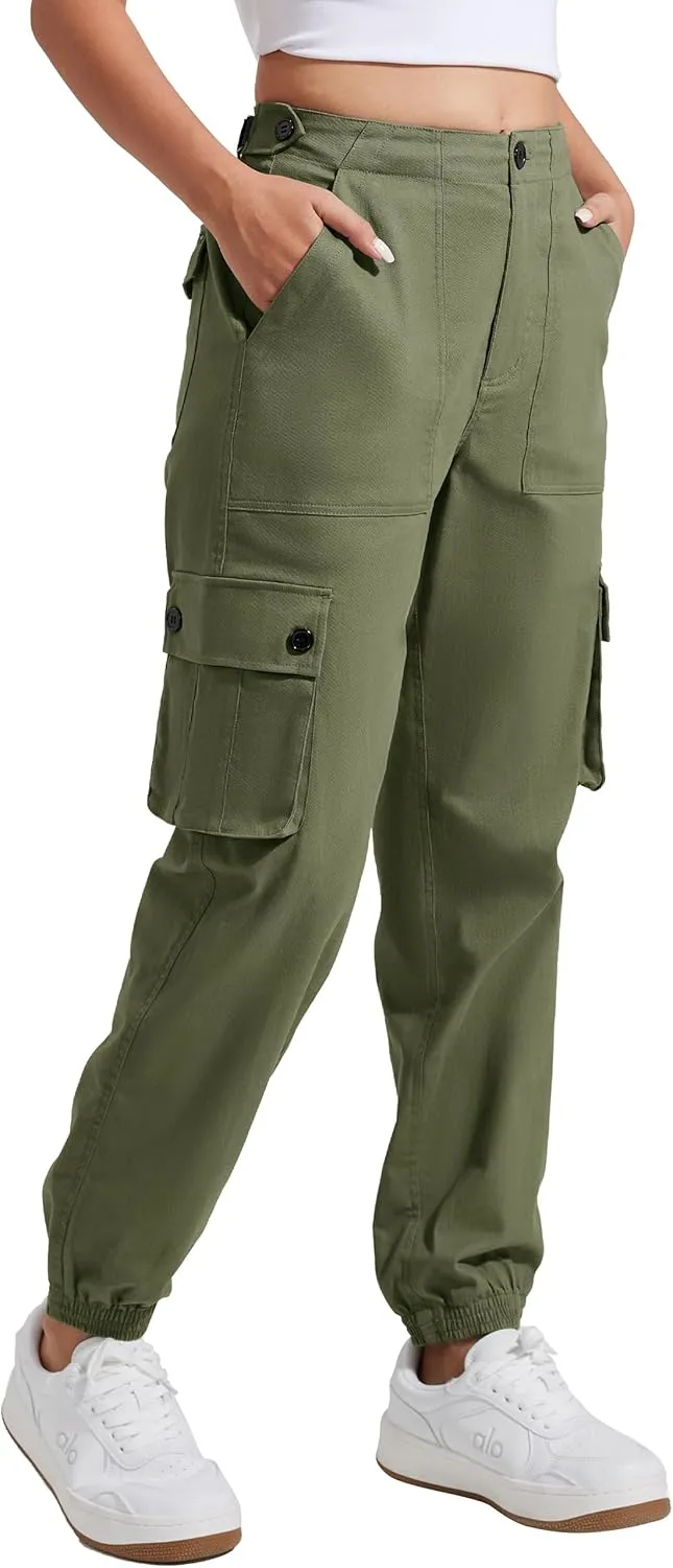 Pioneer Camp Women's Stretchy Cargo Pants with Pockets High-Rise Casual Hiking Cotton Joggers Adjustable Waistband with Belt