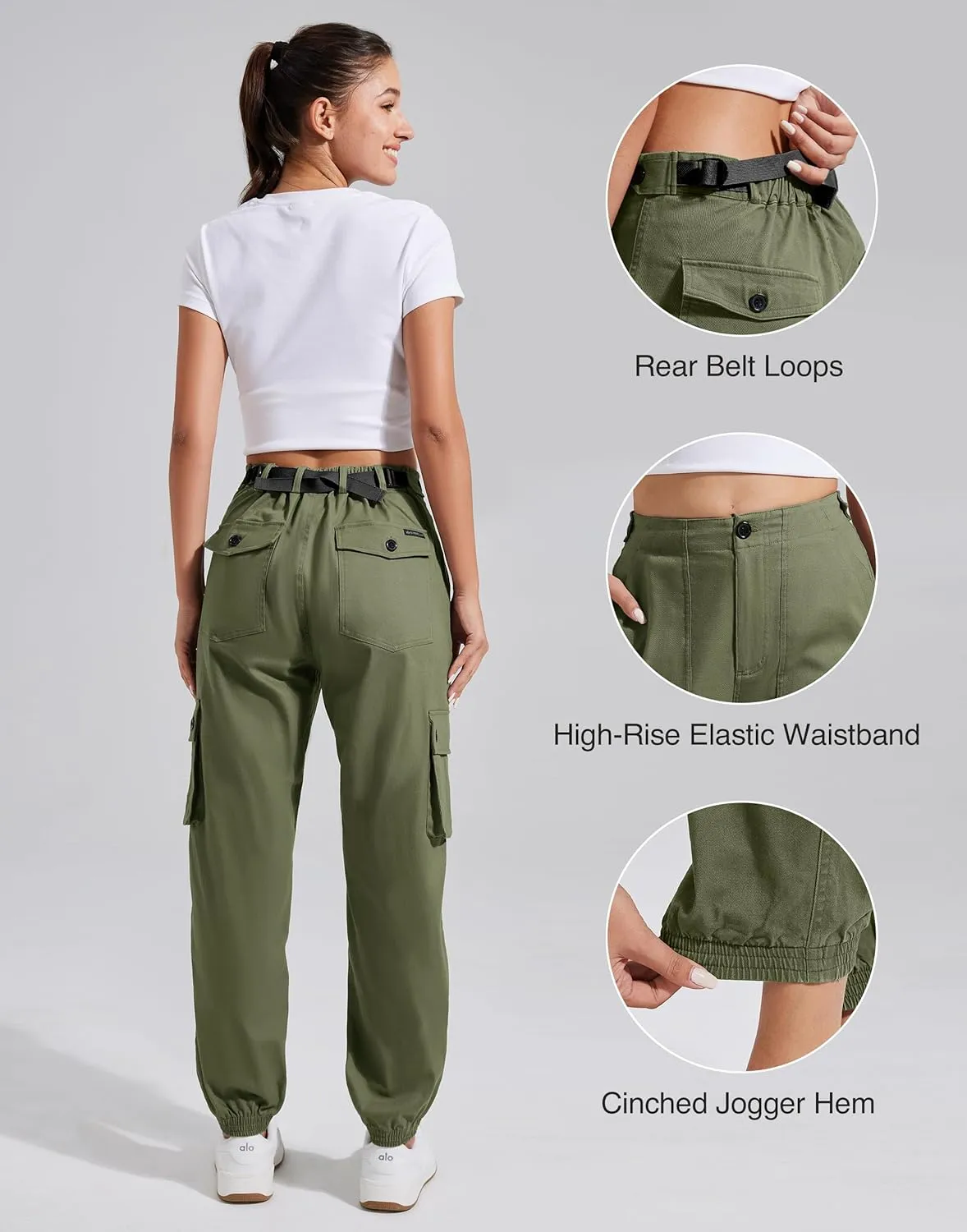 Pioneer Camp Women's Stretchy Cargo Pants with Pockets High-Rise Casual Hiking Cotton Joggers Adjustable Waistband with Belt