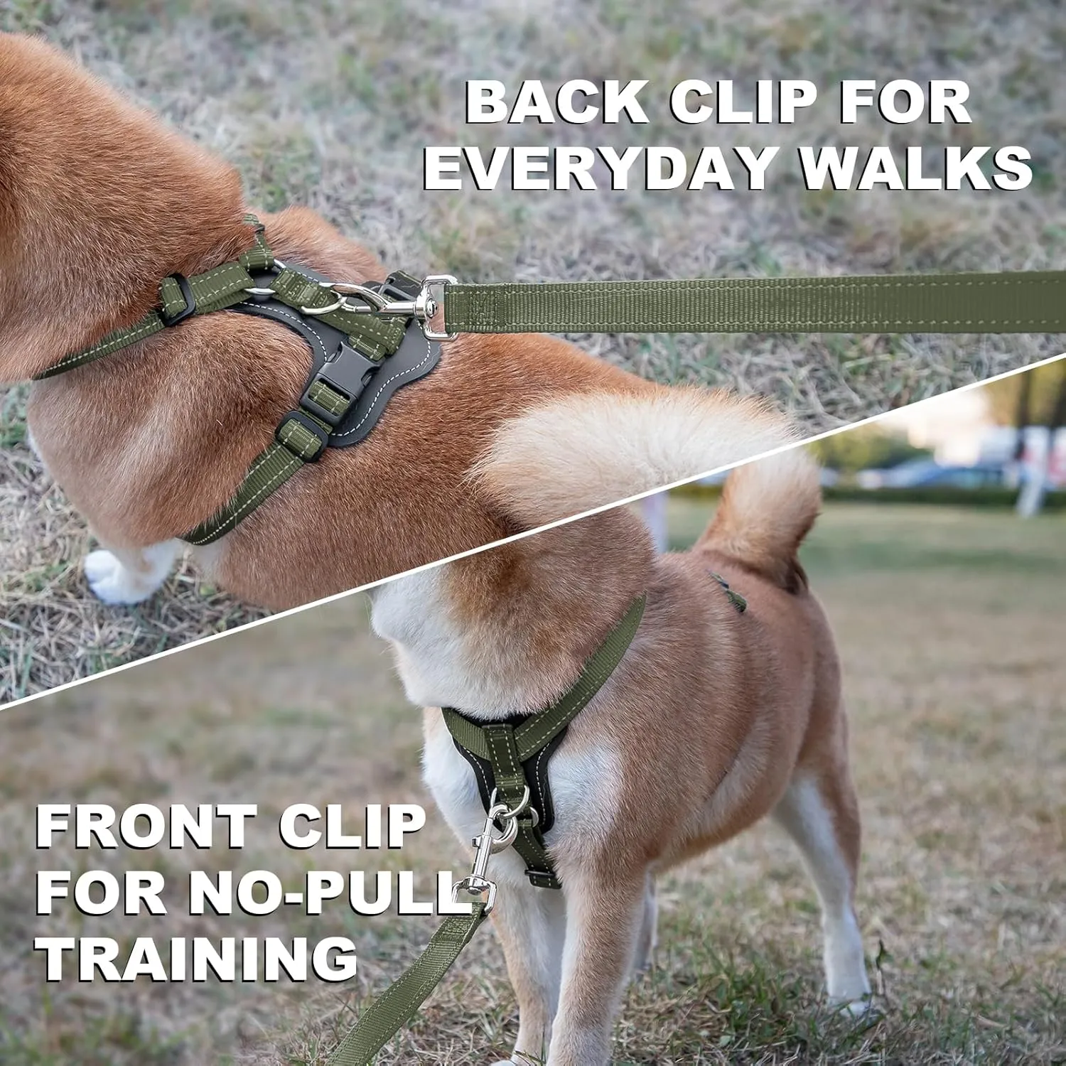 Plutus Pet Adjustable No Pull Dog Harness with Leather Accents, Heavy Duty Reflective Nylon Vest for Training, Hiking, Easy Walk Harness for Small, Medium, Large Dogs (Ranger Green, M)