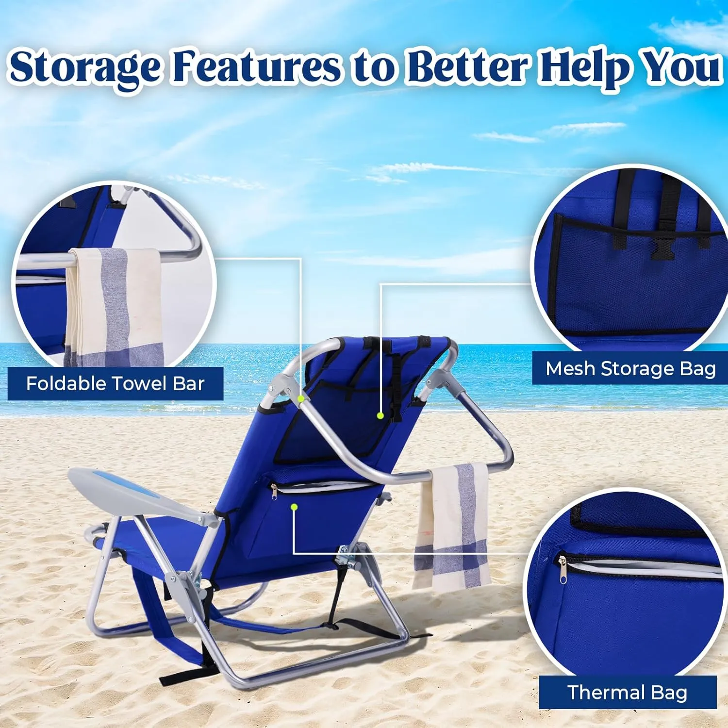 Portable Beach Chair for Adults, Outdoor Lightweight Camping Chair Lay Flat Folding Backpack Beach Reclining Chair with 4 Positions, Headrest, Cooler Pouch, Cup Holder