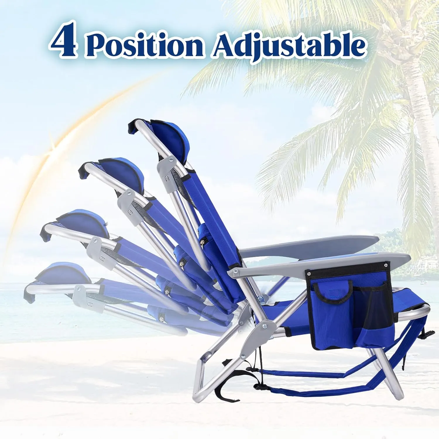 Portable Beach Chair for Adults, Outdoor Lightweight Camping Chair Lay Flat Folding Backpack Beach Reclining Chair with 4 Positions, Headrest, Cooler Pouch, Cup Holder