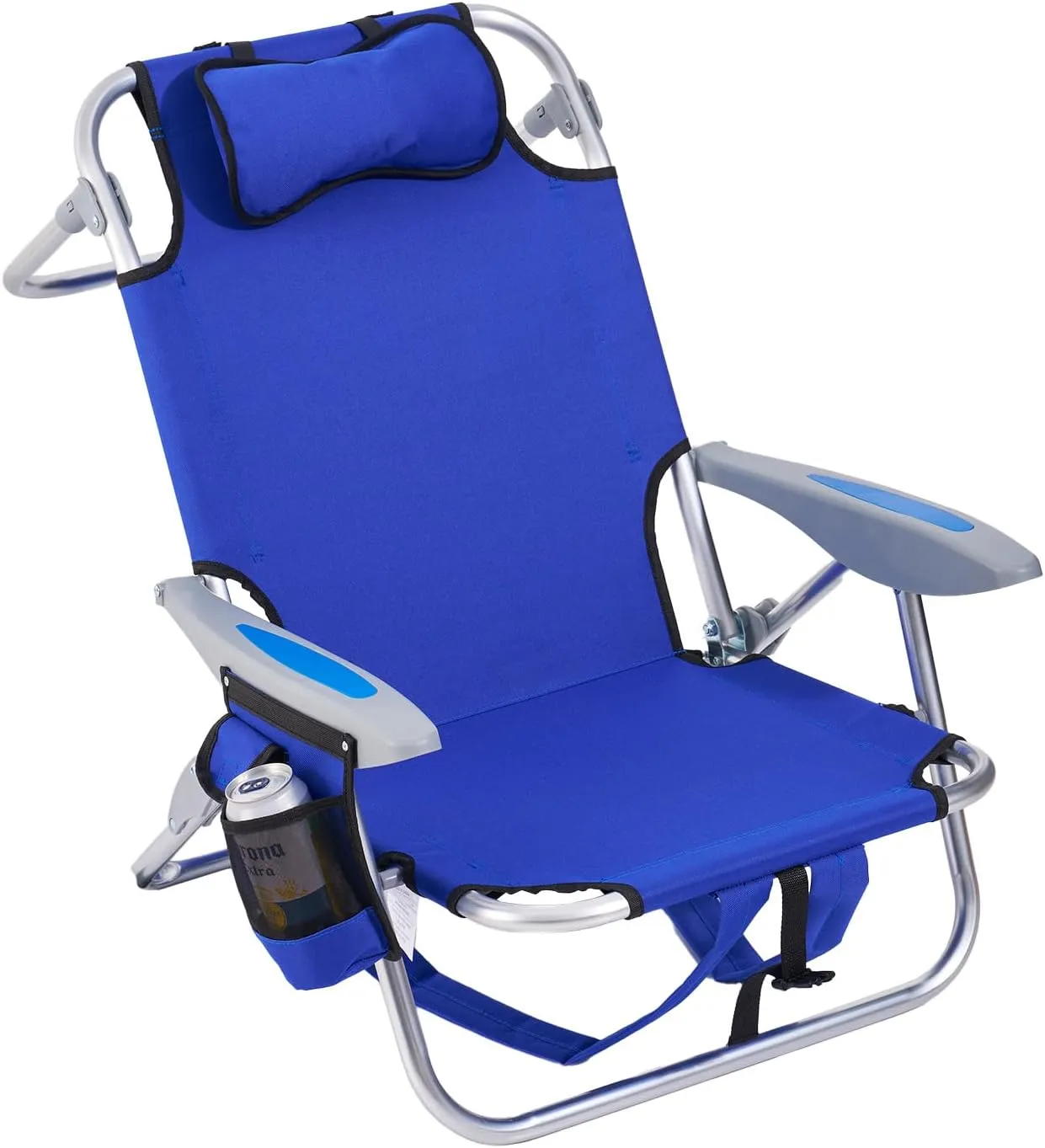 Portable Beach Chair for Adults, Outdoor Lightweight Camping Chair Lay Flat Folding Backpack Beach Reclining Chair with 4 Positions, Headrest, Cooler Pouch, Cup Holder