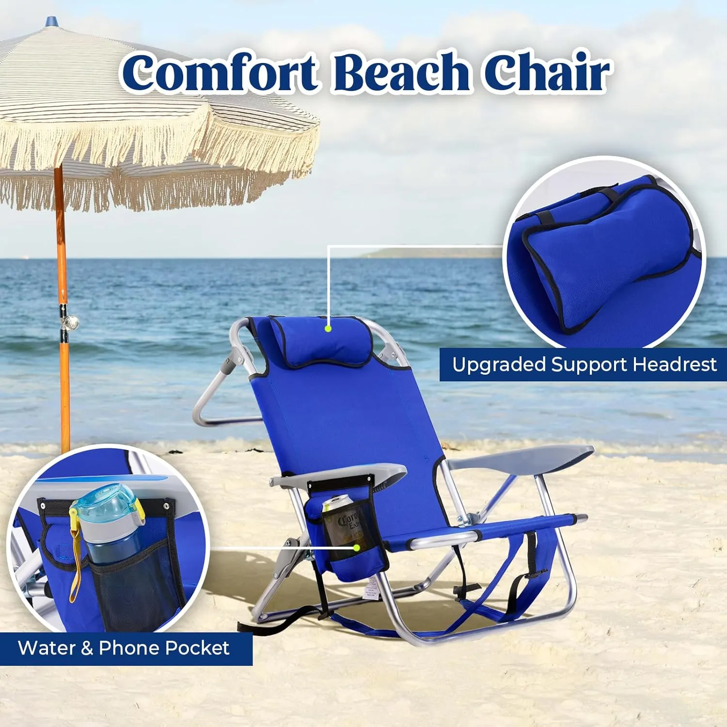 Portable Beach Chair for Adults, Outdoor Lightweight Camping Chair Lay Flat Folding Backpack Beach Reclining Chair with 4 Positions, Headrest, Cooler Pouch, Cup Holder