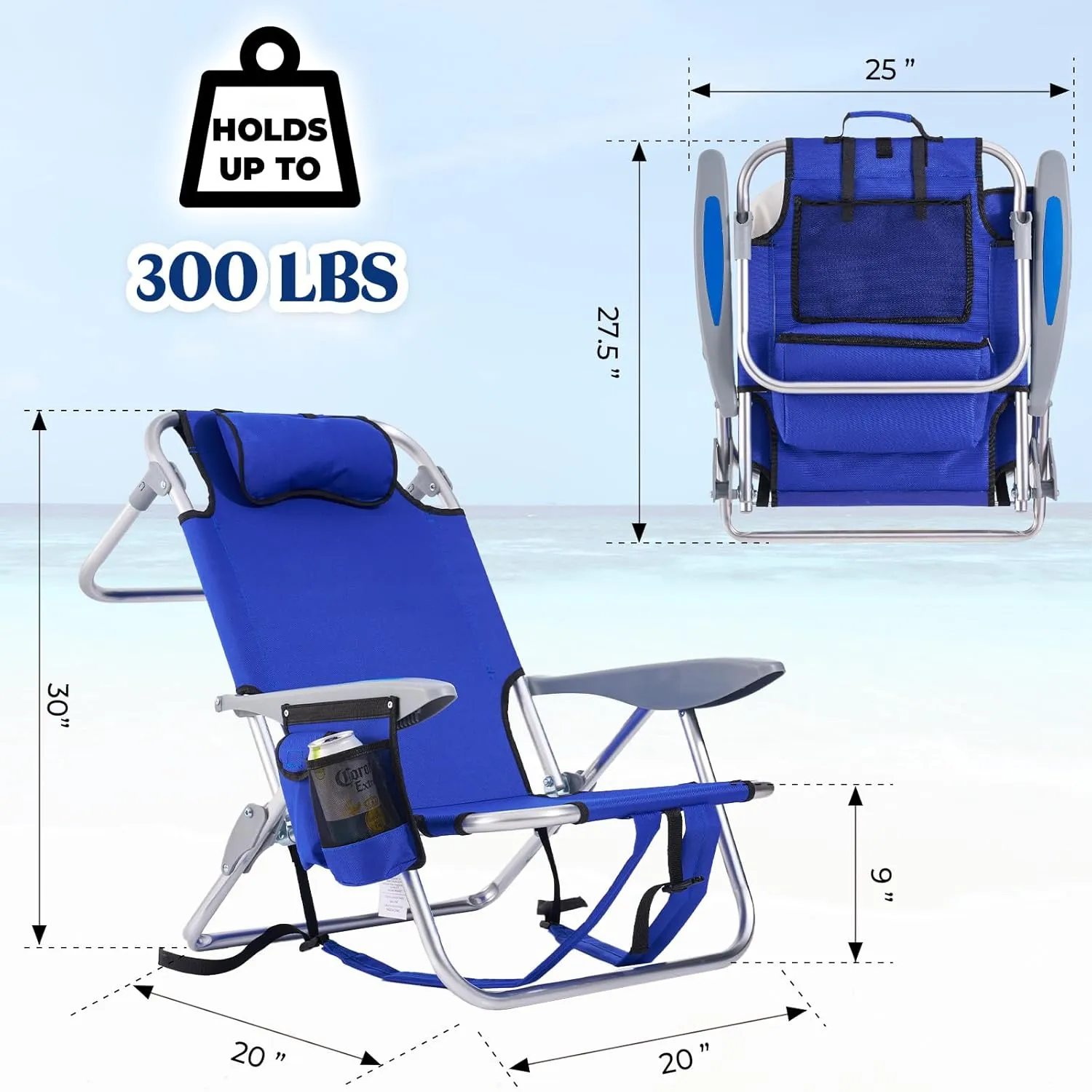 Portable Beach Chair for Adults, Outdoor Lightweight Camping Chair Lay Flat Folding Backpack Beach Reclining Chair with 4 Positions, Headrest, Cooler Pouch, Cup Holder