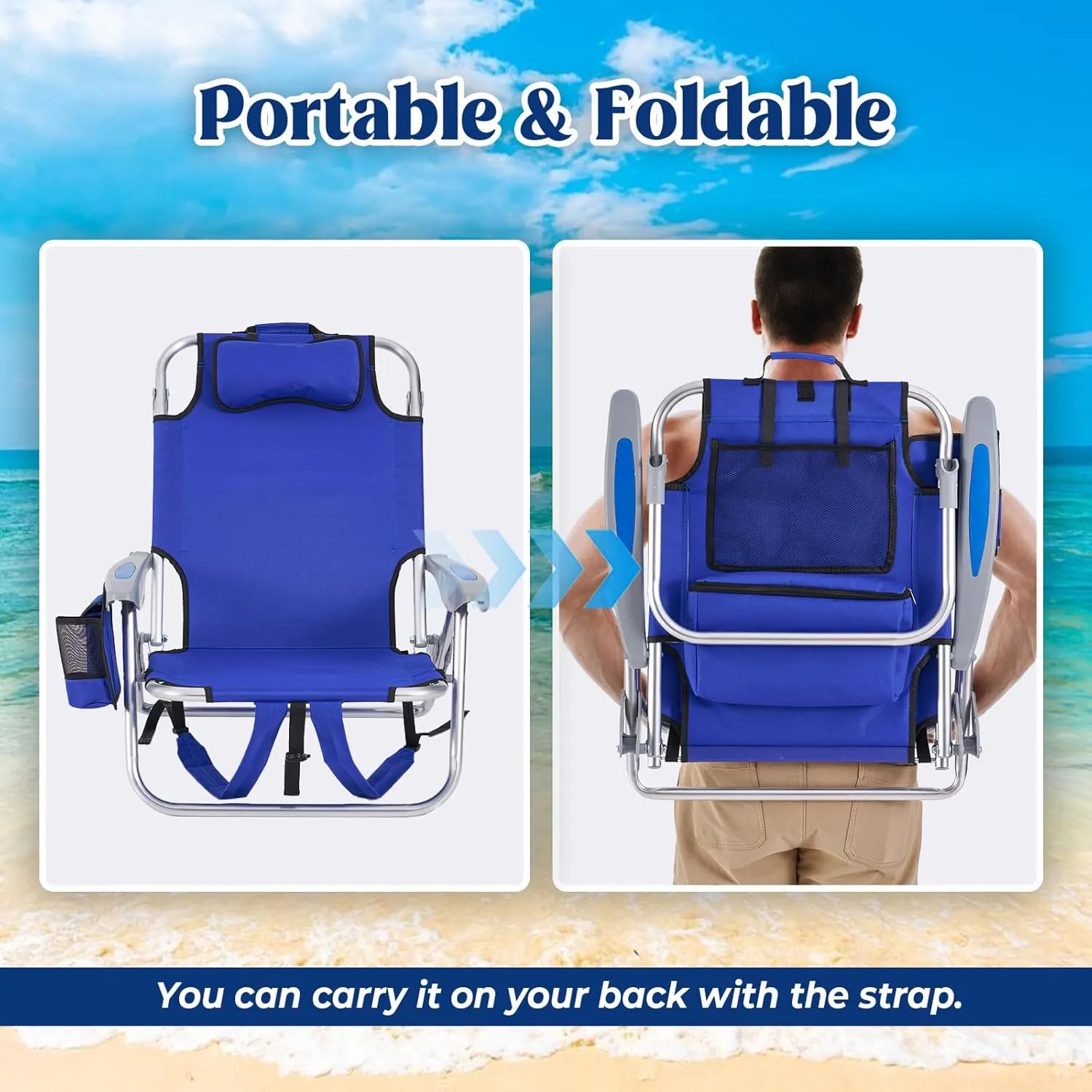 Portable Beach Chair for Adults, Outdoor Lightweight Camping Chair Lay Flat Folding Backpack Beach Reclining Chair with 4 Positions, Headrest, Cooler Pouch, Cup Holder